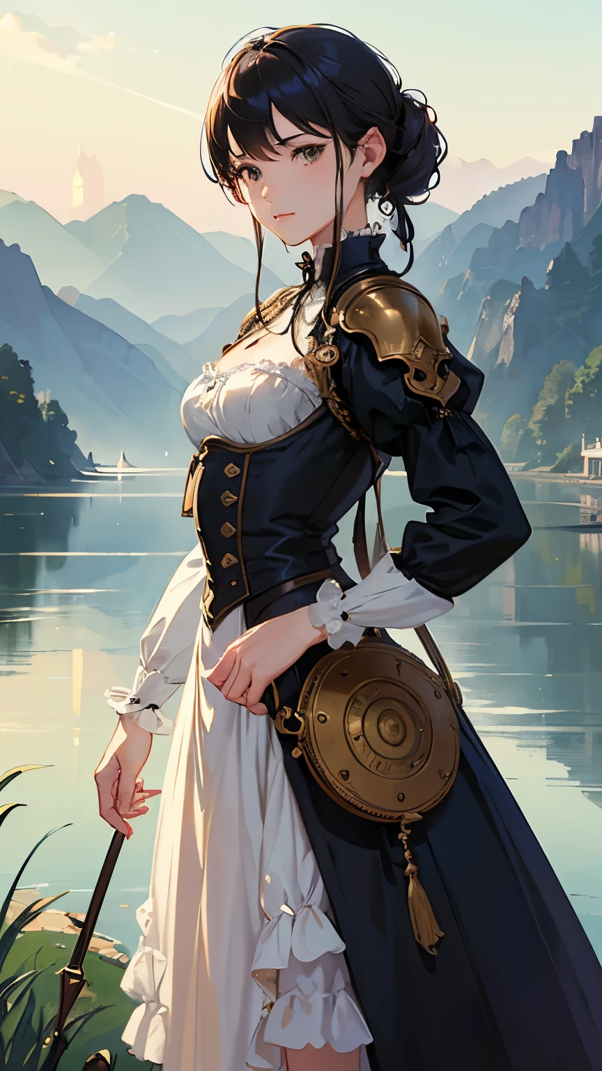 (highest quality、High resolution、masterpiece)、(Anime Art 4k)、(Photorealistic)、Portraiture、 (whole body)、(1 person)、20-year-old woman、( A woman in armor standing on top of a hill)、Beautiful Face、 (Facial detailing)、Black Hair、 short hair、 Beautiful Hair、Shiny Hair、(Put your hair up、Combing hair)、Skin Texture、Slim figure、Small breasts、lace up bodice dress、(steampunk)、Cinema Lighting、Ray Tracing、Soft Light、Landscape painted on a foggy morning、outside of home、Nice views、Lake and mountains in the distance background々、(Sargent-style watercolor)、(Edmund Leighton Style)、