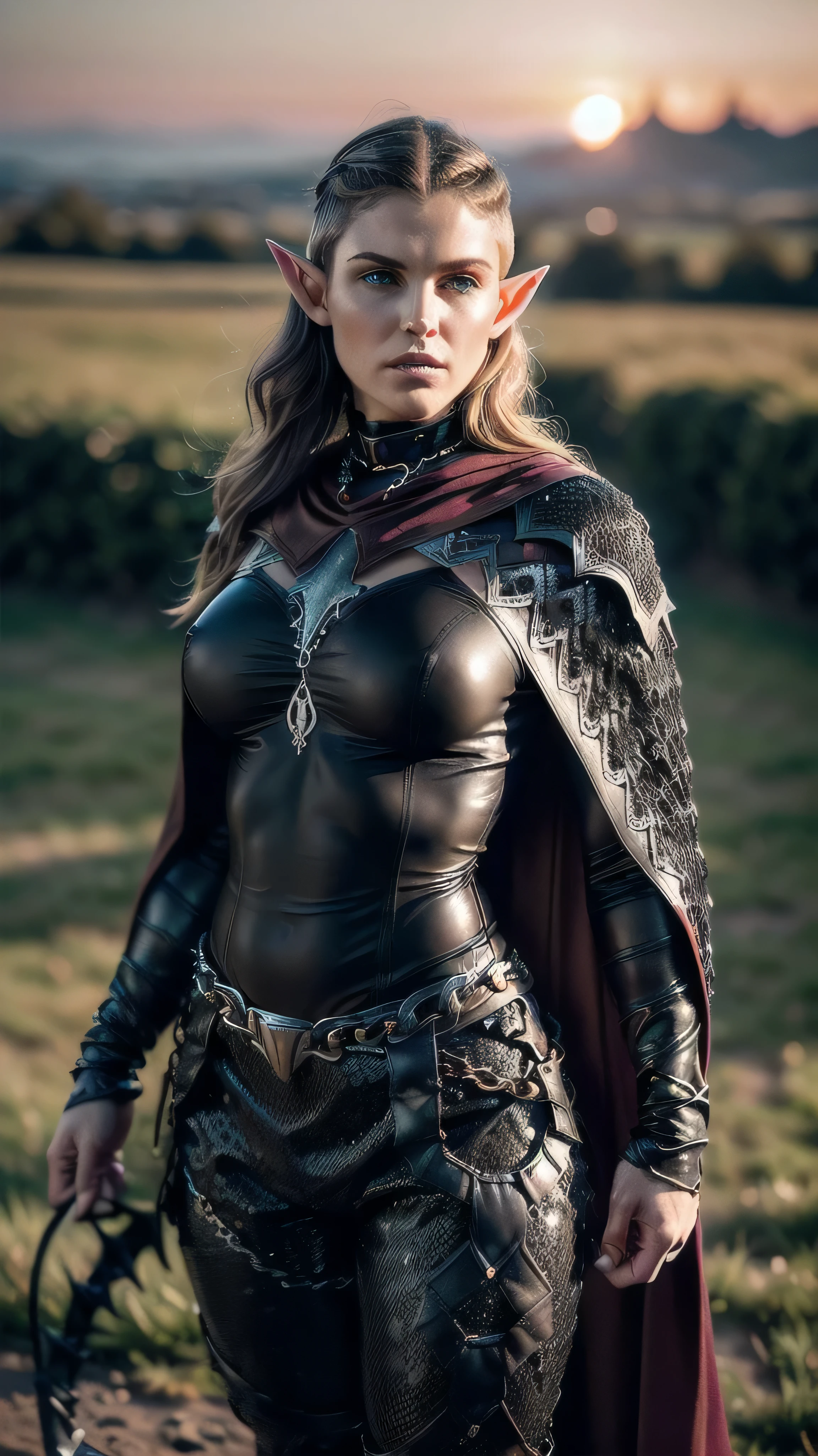 (masterpiece), (extremely intricate:1.3), (realistic), portrait of a muscular bodybuilder girl, (((medieval armor:1.6 ((matte black perfectchainmail, elf, elven), maroon cape, metal pants, portrait, (bullwhip)), wind blown blowing [green hair:dark hair:0.6])), tattoo:1.0), metal reflections, upper body, outdoors, intense sunlight, far away waterfall, professional photograph of a stunning woman detailed, ((short undercut shaved hair, dynamic pose)), sharp focus, dramatic, award winning, cinematic lighting, volumetrics dtx, (film grain, blurry background, blurry foreground, bokeh, depth of field, sunset, interaction), 8K