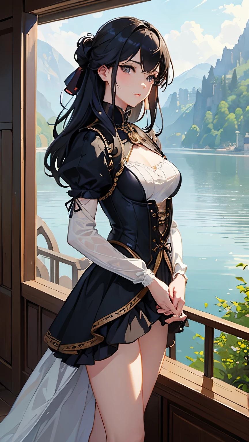(highest quality、High resolution、masterpiece)、(Anime Art 4k)、(Photorealistic)、Portraiture、 (whole body)、(1 person)、20-year-old woman、( A woman in armor standing on top of a hill)、Beautiful Face、 (Facial detailing)、Black Hair、 short hair、 Beautiful Hair、Shiny Hair、(Put your hair up、Combing hair)、Skin Texture、Slim figure、Small breasts、lace up bodice dress、(steampunk)、Cinema Lighting、Ray Tracing、Soft Light、Landscape painted on a foggy morning、outside of home、Nice views、Lake and mountains in the distance background々、(Sargent-style watercolor)、(Edmund Leighton Style)、