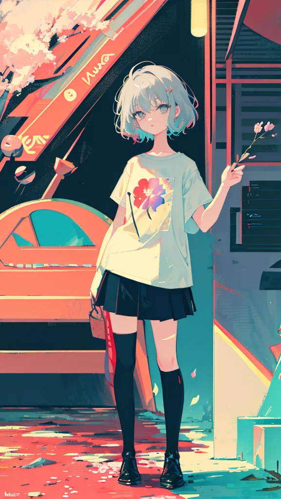 (shape: giant gram), (Flat Color:0.9),(colorful:1.1),(masterpiece:1,2), highest quality, masterpiece, High resolution, original, Highly detailed wallpaper, View your viewers,,,A Cyborg Girl,alone,Portraiture, T-Shirts, Mark Rothko & basquiat style background, oil, abstract expressionism, Expressionless,cherry blossoms,cherry blossomsの花,cherry blossoms並木,Five fingers,Standing with a good-looking face,Gray Hair,Short Bob
