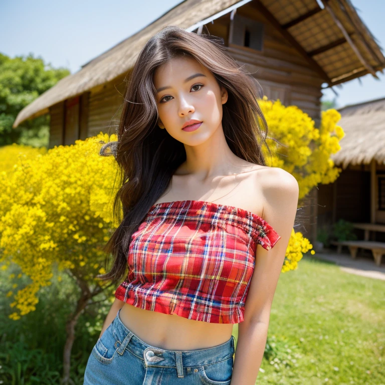 Best picture quality, Masterpiece, Ultra high resolution 8K, photograph, Asian girl wearing old, ripped, short jeans., Wears a short-sleeved shirt with a red, blue, and pink plaid pattern. The abdomen is strong and beautiful.;) Long hair blows up in the wind.,) Look straight at the camera intently.,) Natural countryside with an old thatched hut with yellow and red flowers all around. The sunlight shone brightly.,.. Picture clarity 8k, Taken with a high quality camera 45,000,000 pixels