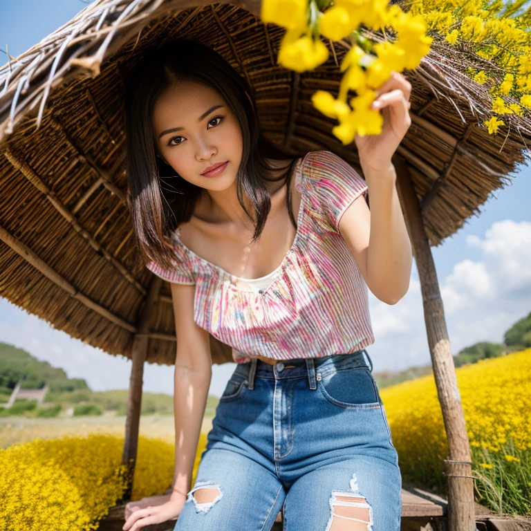 Best picture quality, Masterpiece, Ultra high resolution 8K, photograph, Asian girl wearing old, ripped, short jeans., Wears a short-sleeved shirt with a red, blue, and pink plaid pattern. The abdomen is strong and beautiful.;) Long hair blows up in the wind.,) Look straight at the camera intently.,) Natural countryside with an old thatched hut with yellow and red flowers all around. The sunlight shone brightly.,.. Picture clarity 8k, Taken with a high quality camera 45,000,000 pixels