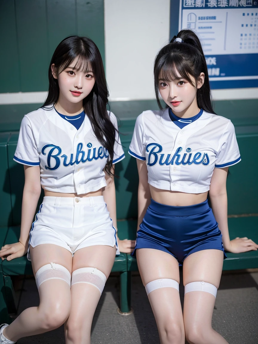 8K), (highest quality: 1.2), (Realistic), (Realistic: 1.37), Ultra-high resolution, (2 girls),(Straight, silky black hair), Giant Dulcefo,(White very small hot pants:1.2),In the seats at the baseball stadium,smile, whole body,Long legs,Beautiful feet,(Super small ass),gravure,Belly button,(Blue baseball team shirt),(whole bodyが雨に濡れて:1.2),stockings,Cute like a super idol,Close up on face from above,