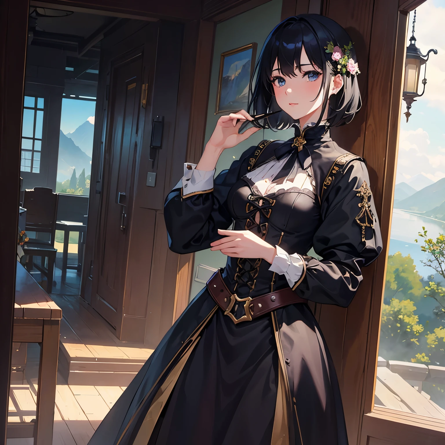 (highest quality、High resolution、masterpiece)、(Anime Art 4k)、(Photorealistic)、Portraiture、 (whole body)、(1 person)、20-year-old woman、( A woman in armor standing on top of a hill)、Beautiful Face、 (Facial detailing)、Black Hair、 short hair、 Beautiful Hair、Shiny Hair、(Put your hair up、Combing hair)、Skin Texture、Slim figure、Small breasts、lace up bodice dress、(steampunk)、Cinema Lighting、Ray Tracing、Soft Light、Landscape painted on a foggy morning、outside of home、Nice views、Lake and mountains in the distance background々、(Sargent-style watercolor)、(Edmund Leighton Style)、