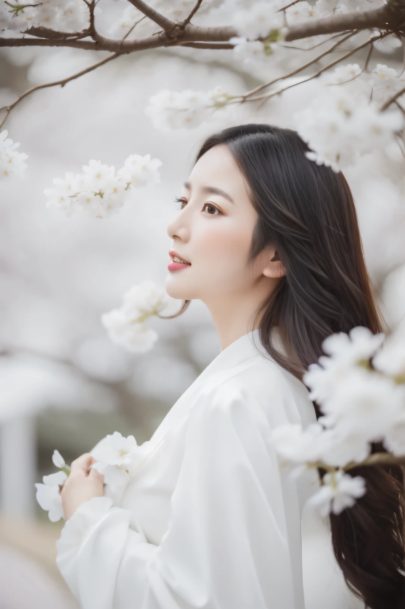 A woman in a white dress is standing under a tree with white flowers, white hanfu, elegant japanese girl, young asian woman, Beautiful woman dressed in white, japanese model, beautiful south Korean woman, Korean woman, Chinese woman, Chinese woman, asian woman, hungry ghost festival, japanese girl, asian girl, Korean woman, sakura season