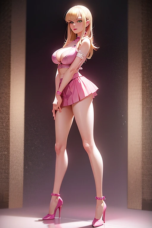 Gwen Tennyson, gwen Tennyson,green eyes, wearing earnings pink diamond, pink leather bra, pink skirt, brown orang long hair, best detailing , thighs highs, standing beside grill, wearing high heels,pink heels, big breast, youthful, pink lips, full body figure, full photo, head to toes pic, night background