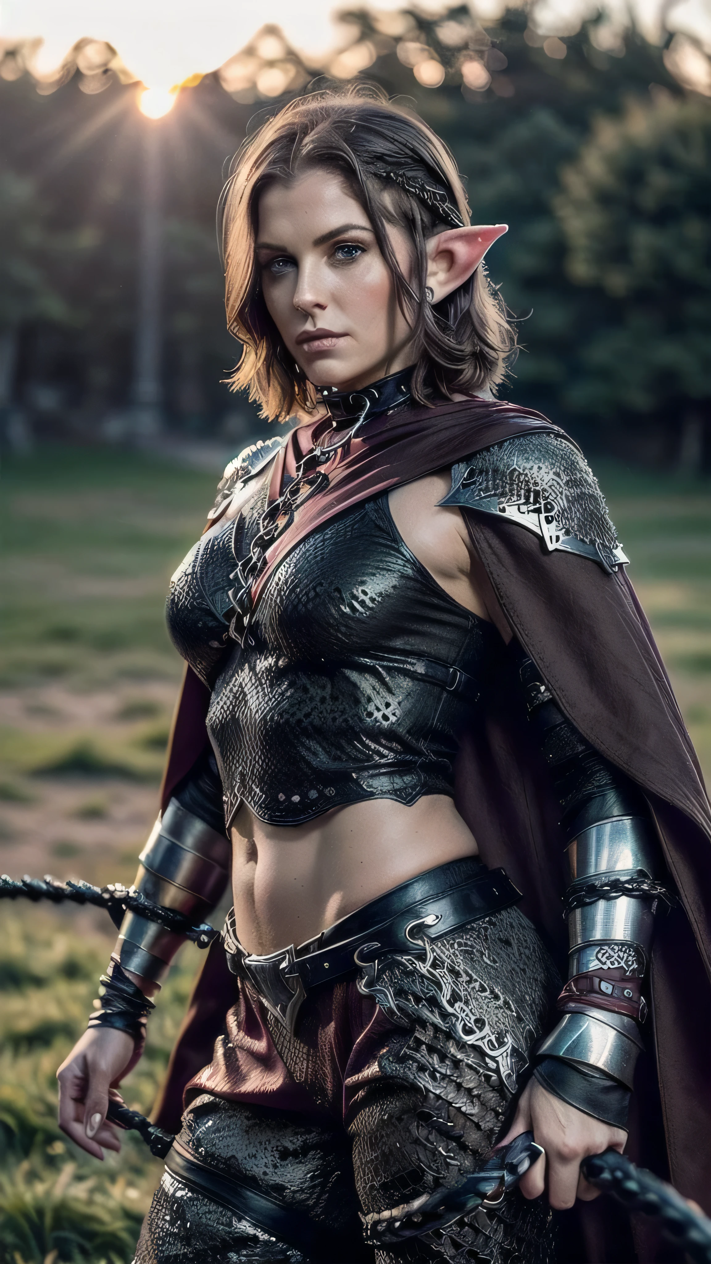 (masterpiece), (extremely intricate:1.3), (realistic), portrait of a muscular bodybuilder girl, (((medieval armor:1.6 ((matte black perfectchainmail, elf, elven), maroon cape, metal pants, portrait, (bullwhip)), wind blown blowing [green hair:dark hair:0.6])), tattoo:1.0), metal reflections, upper body, outdoors, intense sunlight, far away waterfall, professional photograph of a stunning woman detailed, ((short undercut shaved hair, dynamic pose)), sharp focus, dramatic, award winning, cinematic lighting, volumetrics dtx, (film grain, blurry background, blurry foreground, bokeh, depth of field, sunset, interaction), 8K