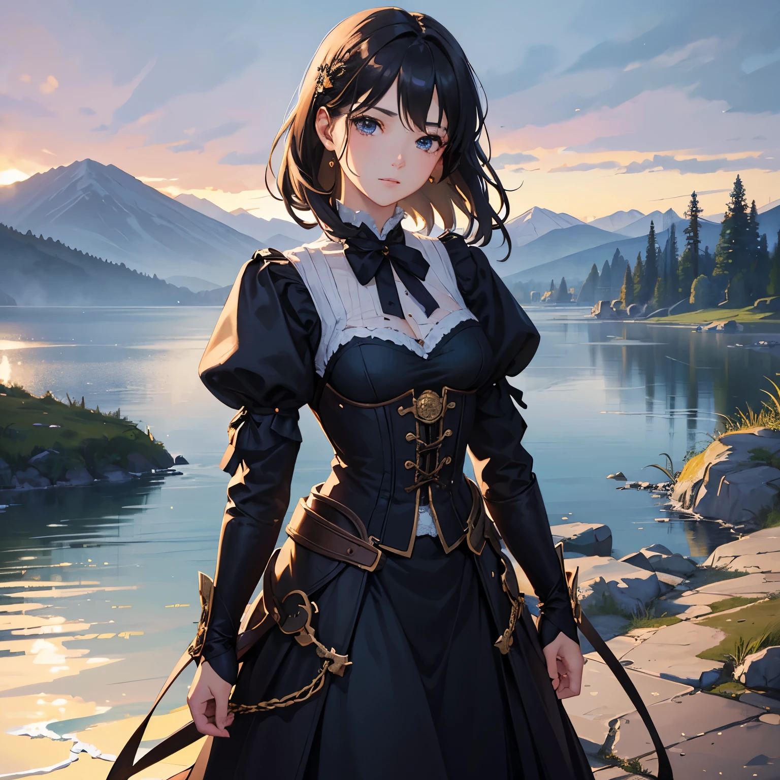 (highest quality、High resolution、masterpiece)、(Anime Art 4k)、(Photorealistic)、Portraiture、 (whole body)、(1 person)、20-year-old woman、( A woman in armor standing on top of a hill)、Beautiful Face、 (Facial detailing)、Black Hair、 short hair、 Beautiful Hair、Shiny Hair、(Put your hair up、Combing hair)、Skin Texture、Slim figure、Small breasts、lace up bodice dress、(steampunk)、Cinema Lighting、Ray Tracing、Soft Light、Landscape painted on a foggy morning、outside of home、Nice views、Lake and mountains in the distance background々、(Sargent-style watercolor)、(Edmund Leighton Style)、