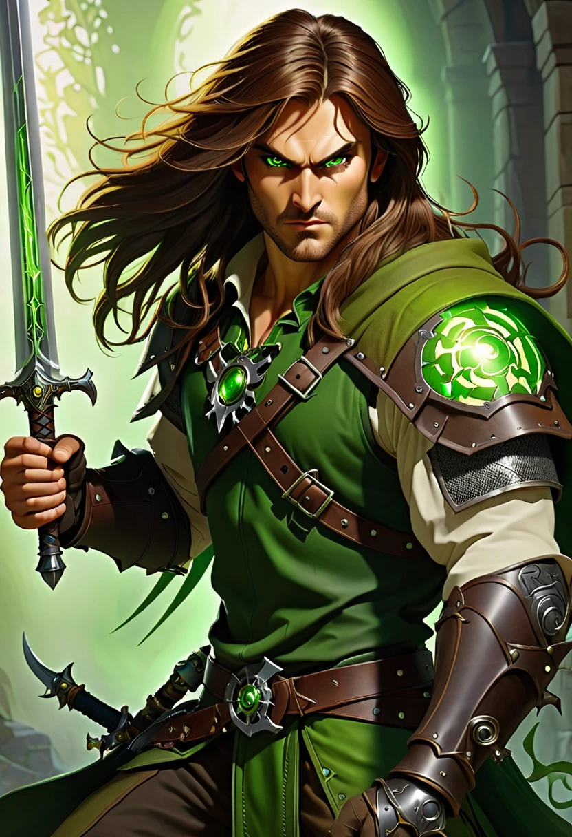 Demon hunter, man medieval, long brown hair, green eyes, mechanical left arm, Full body, in action with a sword in hand