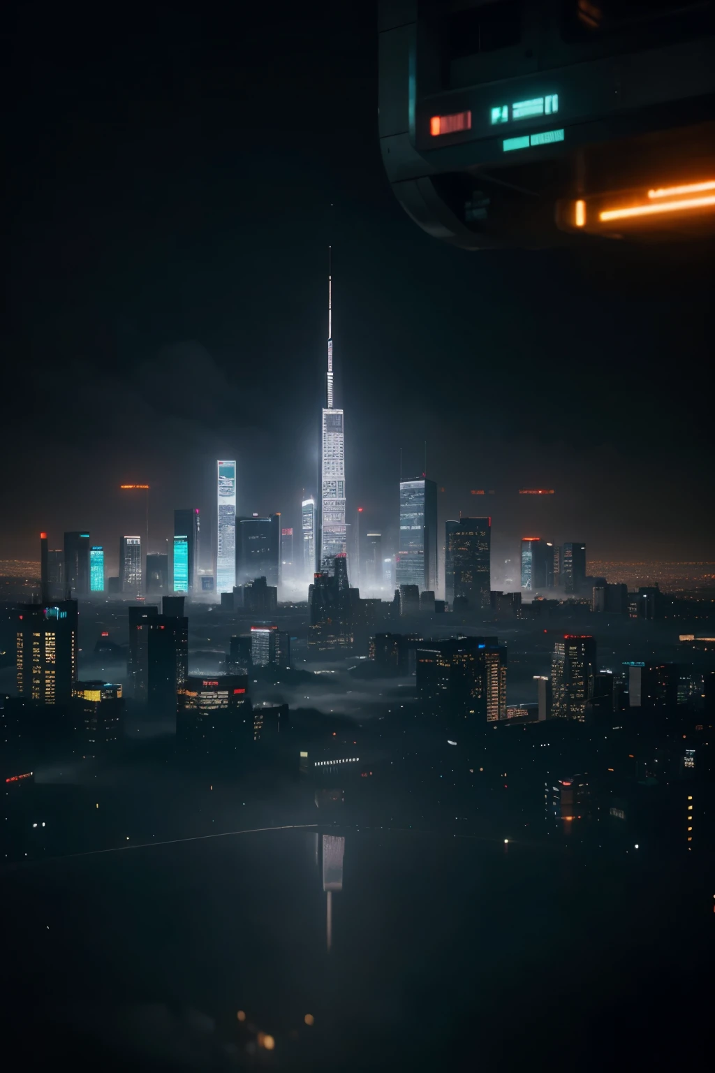 A futuristic metropolis rises from the misty darkness of a rainy night, each towering building adorned with vibrant neon lights casting colorful glows. the cityscape seems to pulse with energy and life, the white fog adding an air of mystery and intrigue to the scene. This breathtaking image is a digital photograph, meticulously detailed and expertly rendered to capture every shimmering reflection and intricate detail. The cityscape truly feels alive, a captivating blend of science fiction wonder and urban beauty.