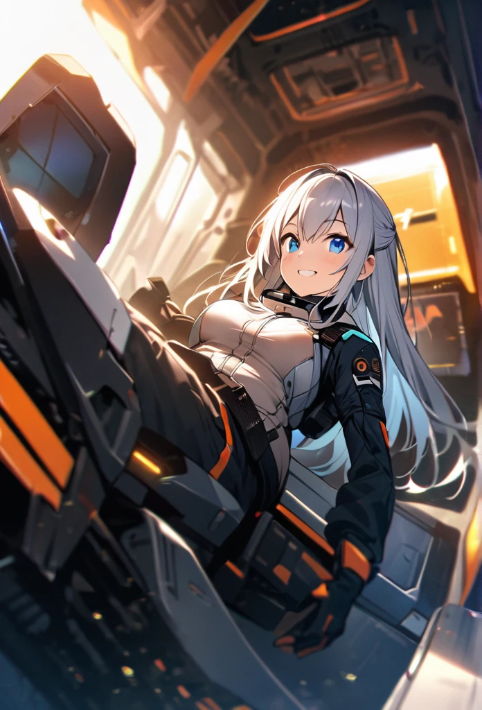 High quality, high definition images, full HD、
8k.1 girl( white long hair),Futuristic fighter pilot,black and white pilot suit,blue eyes,One maintenance worker, about to enter the cockpit.Maintenance crew like f22The canopy is up, smiles at the maintenance man,A step back perspective