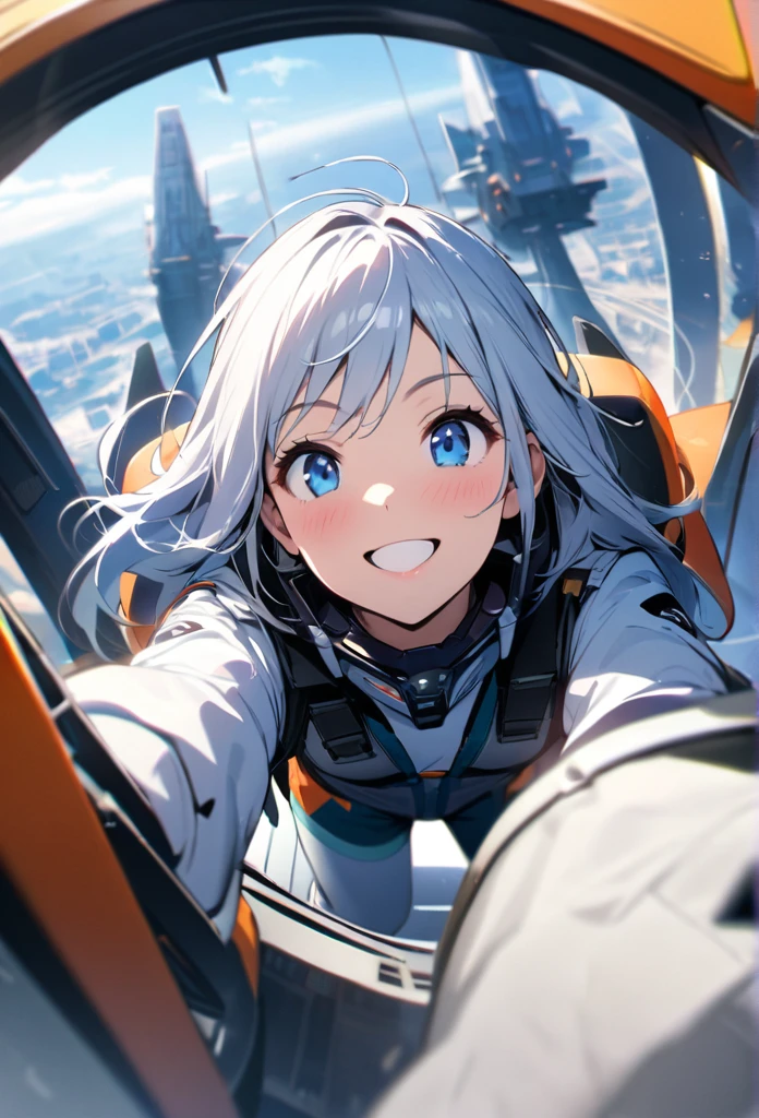 High quality, high definition images, full HD、
8k.1 girl( white long hair),Futuristic fighter pilot,black and white pilot suit,blue eyes,One maintenance worker, about to enter the cockpit.Maintenance crew like f22The canopy is up, smiles at the maintenance man,A step back perspective