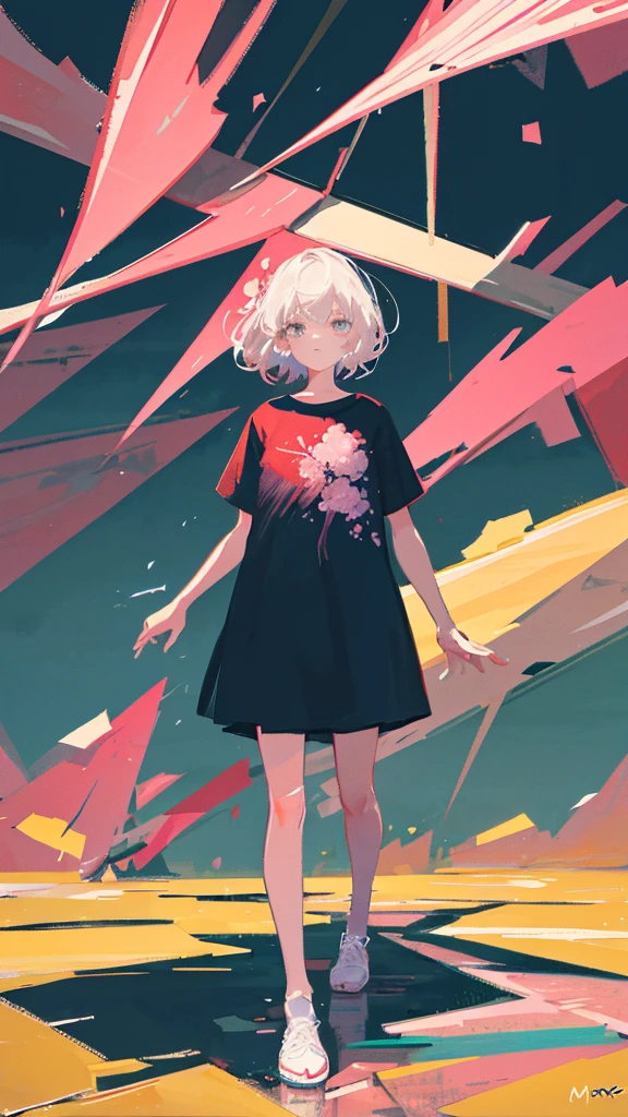 (shape: giant gram), (Flat Color:0.9),(colorful:1.1),(masterpiece:1,2), highest quality, masterpiece, High resolution, original, Highly detailed wallpaper, View your viewers,,,A Cyborg Girl,alone,Portraiture, T-Shirts, Mark Rothko & basquiat style background, oil, abstract expressionism, Expressionless,pink cherry blossoms,Cherry Blossom,Cherry blossom trees,Five fingers,Standing with a good-looking face,Gray Hair,Short Bob