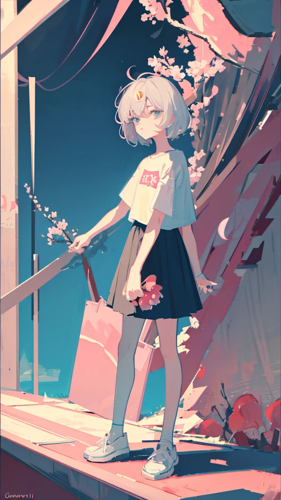 (shape: giant gram), (Flat Color:0.9),(colorful:1.1),(masterpiece:1,2), highest quality, masterpiece, High resolution, original, Highly detailed wallpaper, View your viewers,,,A Cyborg Girl,alone,Portraiture, T-Shirts, Mark Rothko & basquiat style background, oil, abstract expressionism, Expressionless,pink cherry blossoms,Cherry Blossom,Cherry blossom trees,Five fingers,Standing with a good-looking face,Gray Hair,Short Bob