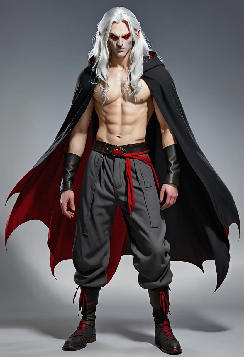 Man Medieval demon, long white hair, red eyes, gray skin, black baggy pants, no shirt, black hooded cape Full body
