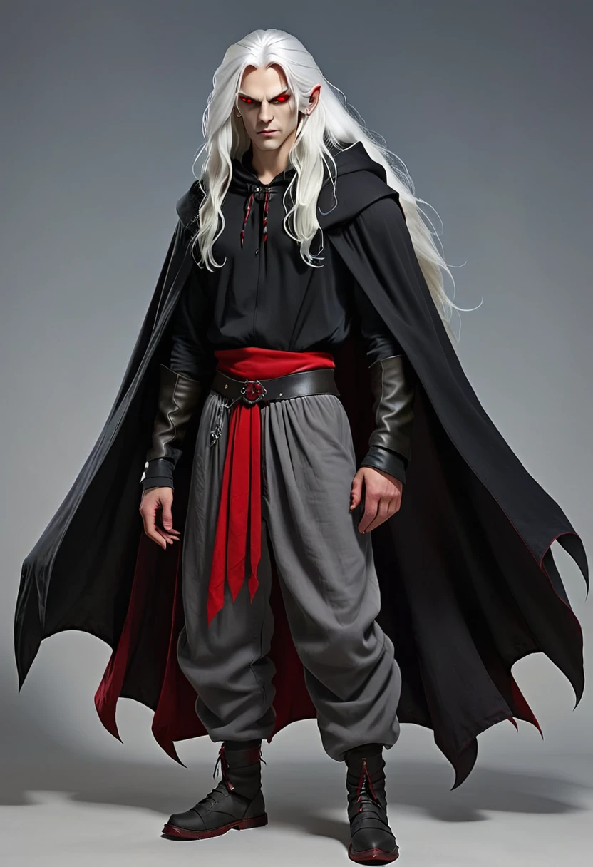 Man Medieval demon, long white hair, red eyes, gray skin, black baggy pants, no shirt, black hooded cape Full body