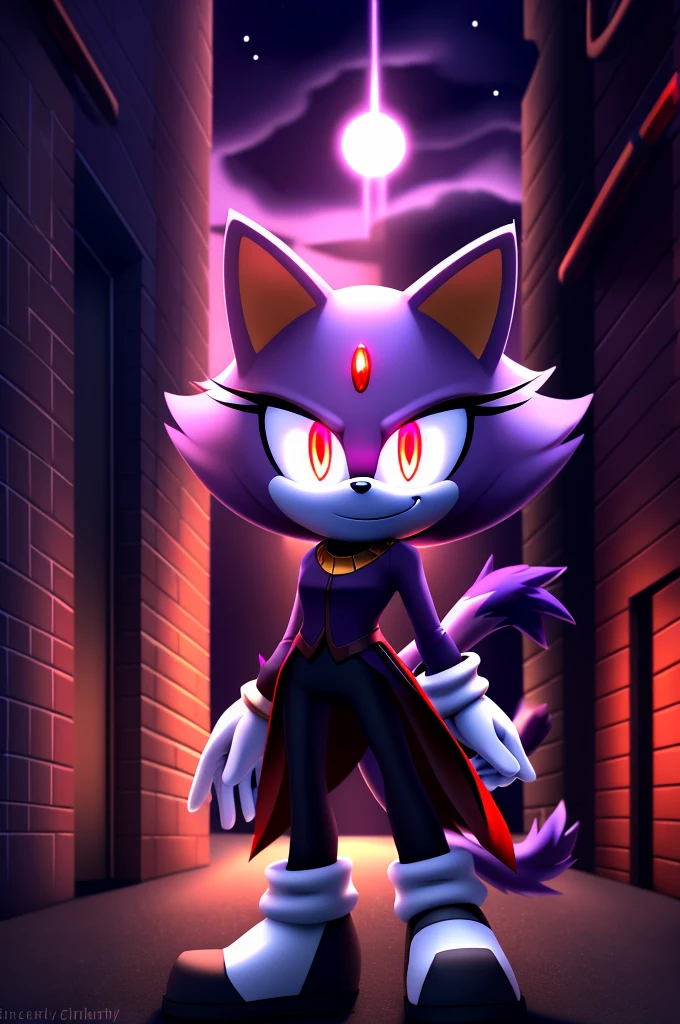 (((masterpiece))), High quality, studio quality, dark colors, 4k, solo character, mobian, wispy grey and black fur, female cat demon, hairstyle of blaze the cat, evil smile, triumphant pose, bright red glowing eyes, surrounded by fuzzy black lines and swirling grey clouds, in the back of a dark city alleyway, nighttime, digital art