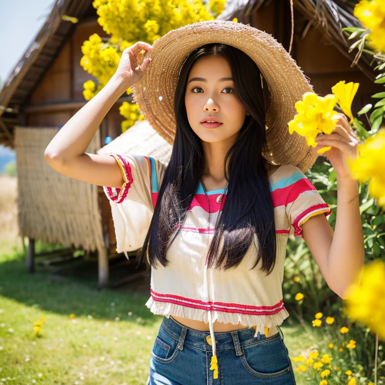 Best picture quality, Masterpiece, Ultra high resolution 8K, photograph, Asian girl wearing old, ripped, short jeans., Wears a short-sleeved shirt with a red, blue, and pink plaid pattern. The abdomen is strong and beautiful.;) Long hair blows up in the wind.,) Look straight at the camera intently.,) Natural countryside with an old thatched hut with yellow and red flowers all around. The sunlight shone brightly.,.. Picture clarity 8k, Taken with a high quality camera 45,000,000 pixels
