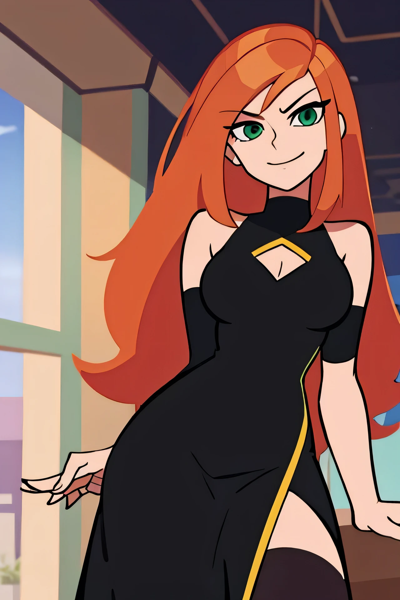 kim possible style, masterpiece, best quality, solo, 1 girl, green eyes, long hair, orange hair, upper body, short black sweetheart dress, bare shoulders, parody, indoors, smile 