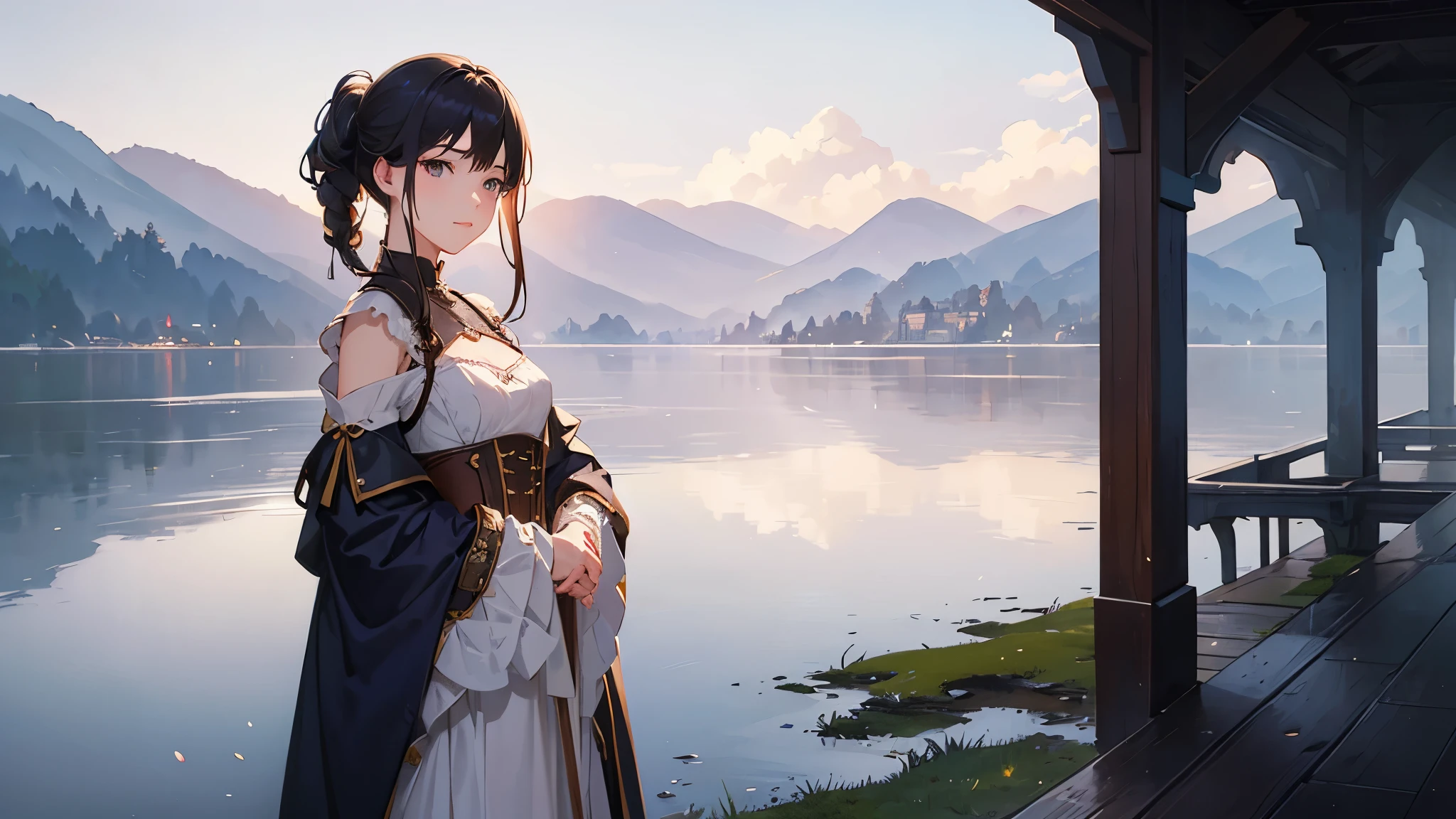 (highest quality、High resolution、masterpiece)、(Anime Art 4k)、(Photorealistic)、Portraiture、 (whole body)、(1 person)、20-year-old woman、( A woman in armor standing on top of a hill)、Beautiful Face、 (Facial detailing)、Black Hair、 short hair、 Beautiful Hair、Shiny Hair、(Put your hair up、Combing hair)、Skin Texture、Slim figure、Small breasts、lace up bodice dress、(steampunk)、Cinema Lighting、Ray Tracing、Soft Light、Landscape painted on a foggy morning、outside of home、Nice views、Lake and mountains in the distance background々、(Sargent-style watercolor)、(Edmund Leighton Style)、