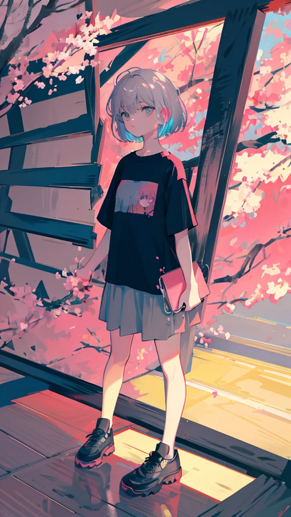 (shape: giant gram), (Flat Color:0.9),(colorful:1.1),(masterpiece:1,2), highest quality, masterpiece, High resolution, original, Highly detailed wallpaper, View your viewers,,,A Cyborg Girl,alone,Portraiture, T-Shirts, Mark Rothko & basquiat style background, oil, abstract expressionism, Expressionless,pink cherry blossoms,Cherry Blossom,Cherry blossom trees,Five fingers,Standing with a good-looking face,Gray Hair,Short Bob
