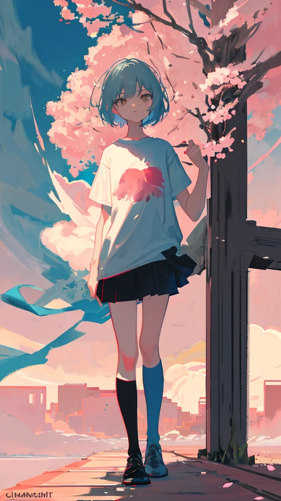 (shape: giant gram), (Flat Color:0.9),(colorful:1.1),(masterpiece:1,2), highest quality, masterpiece, High resolution, original, Highly detailed wallpaper, View your viewers,,,A Cyborg Girl,alone,Portraiture, T-Shirts, Mark Rothko & basquiat style background, oil, abstract expressionism, Expressionless,pink cherry blossoms,Cherry Blossom,Cherry blossom trees,Five fingers,Standing with a good-looking face,Gray Hair,Short Bob