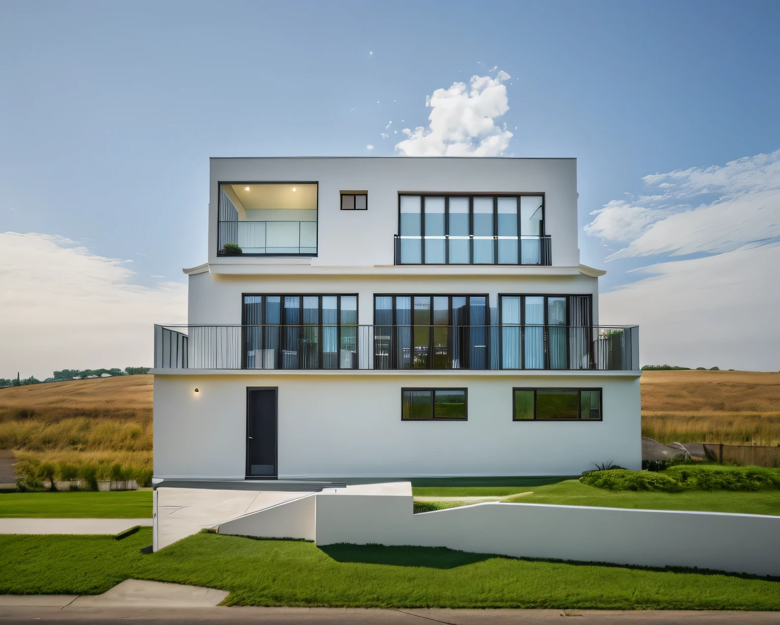 Exterior of house, mordern material decorations, glass railing, glass door and window with black mullion for door and window, (grass in front of house:1.3), tree around, sky, cloud, morning weather, tree background.