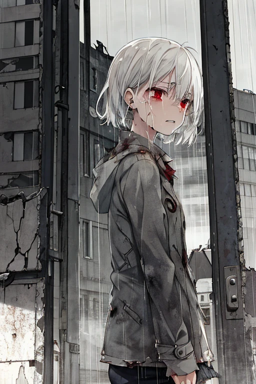 ((high quality)), (abandon building background),semi outside, grey and cloudy, raining, girl, short, long white hair, dirty clothing, neutral face, red eyes, anguish expression, crying, tears down her face