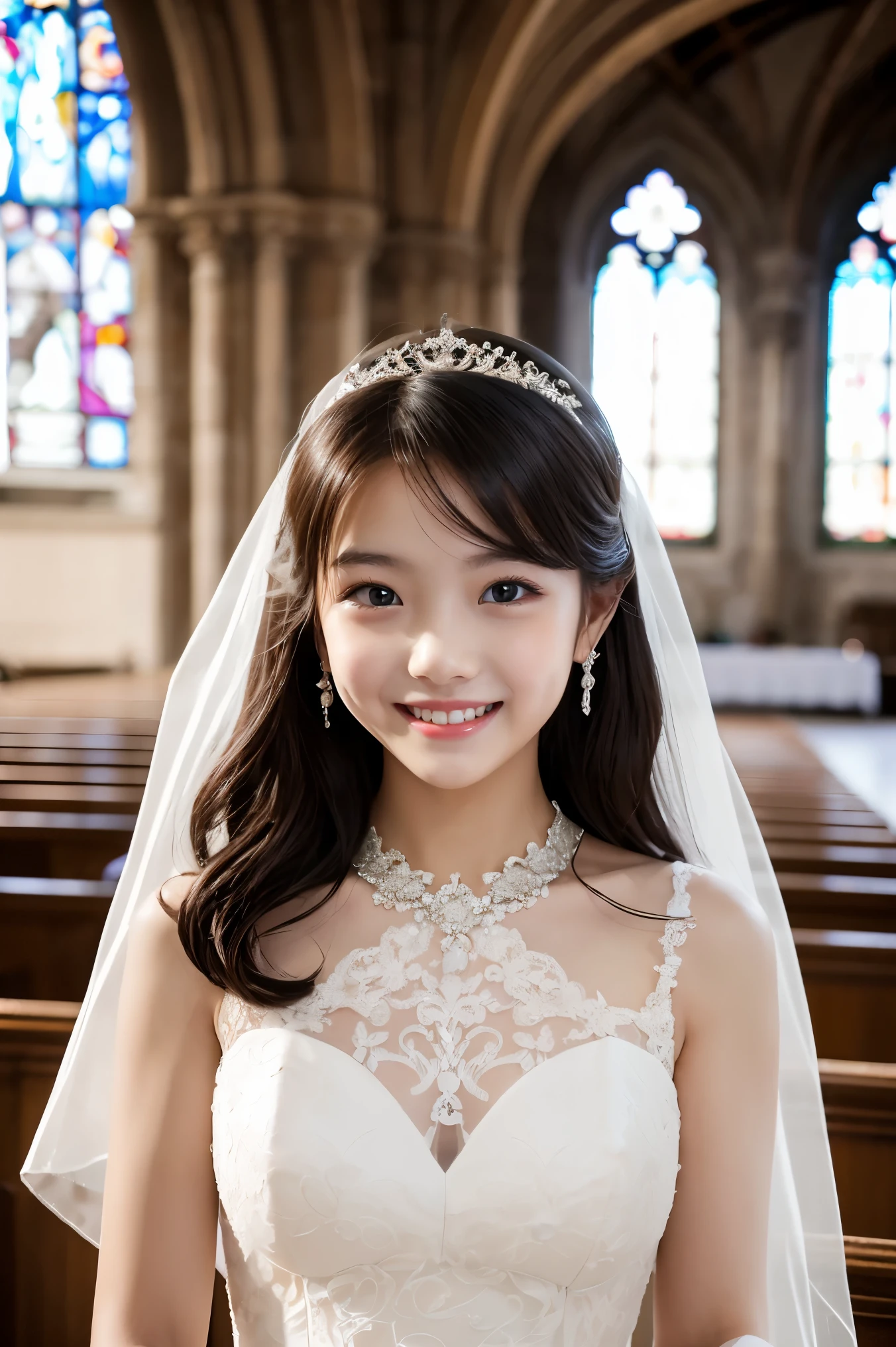 Middle school students　13 years old　girl　Cute face　Cute hairstyle　Wearing a wedding dress　Off the shoulder　Big Breasts　bride