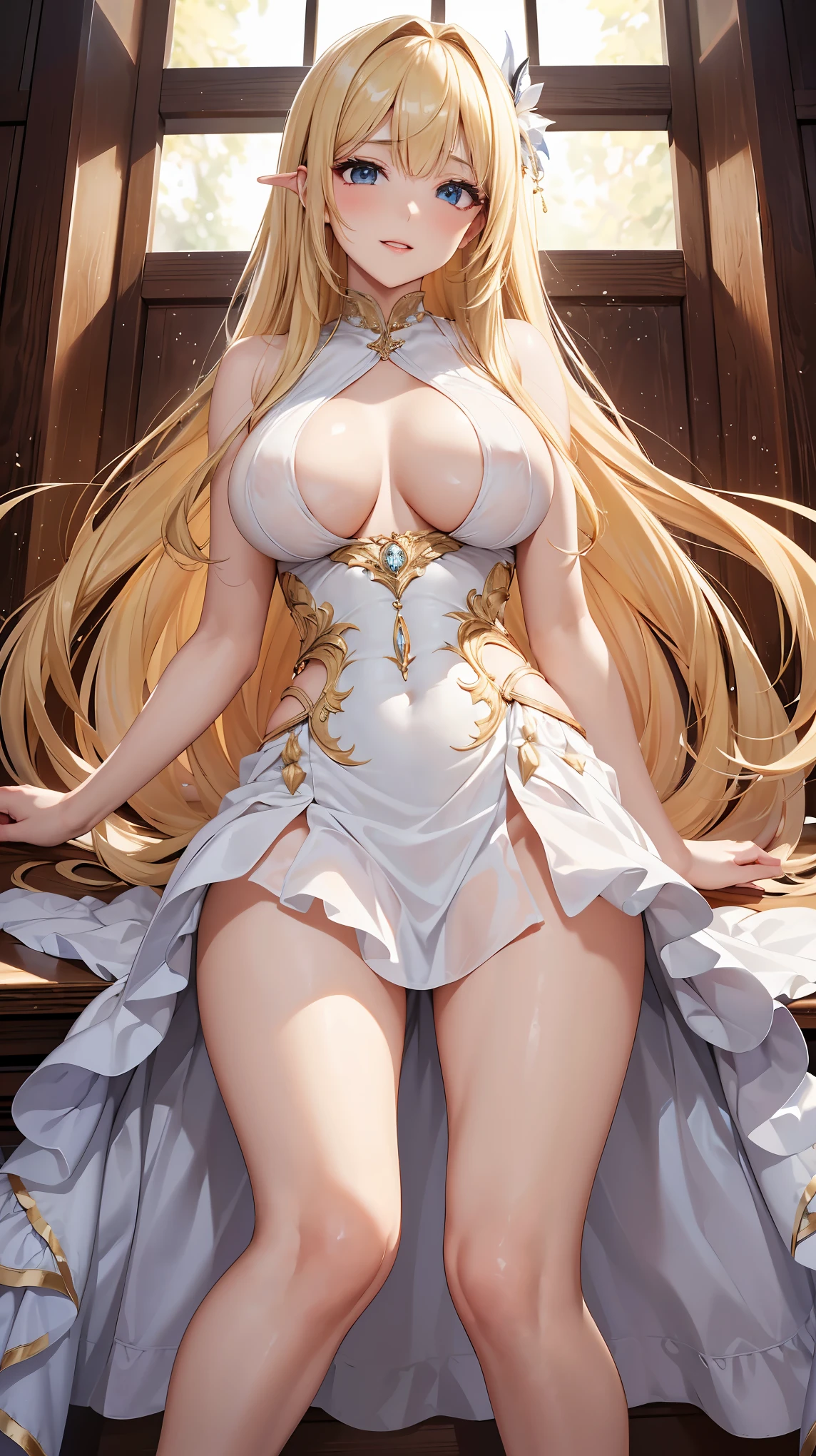 ((highest quality、High resolution))、A beautiful woman、Perfect body、beautiful ample breasts、Long blonde、bangs、embellished sexy dress、skirt、a sexually excited look、Legs wide open、(I'm inviting you to have sex)