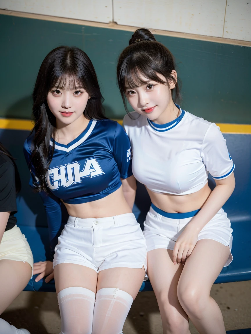 8K), (highest quality: 1.2), (Realistic), (Realistic: 1.37), Ultra-high resolution, (2 girls),(Straight, silky black hair), Giant Dulcefo,(White very small hot pants:1.2),In the seats at the baseball stadium,smile, whole body,Long legs,Beautiful feet,(Super small ass),gravure,Belly button,(Blue baseball team shirt),(whole bodyが雨に濡れて:1.2),stockings,Cute like a super idol,Close up on face from above,