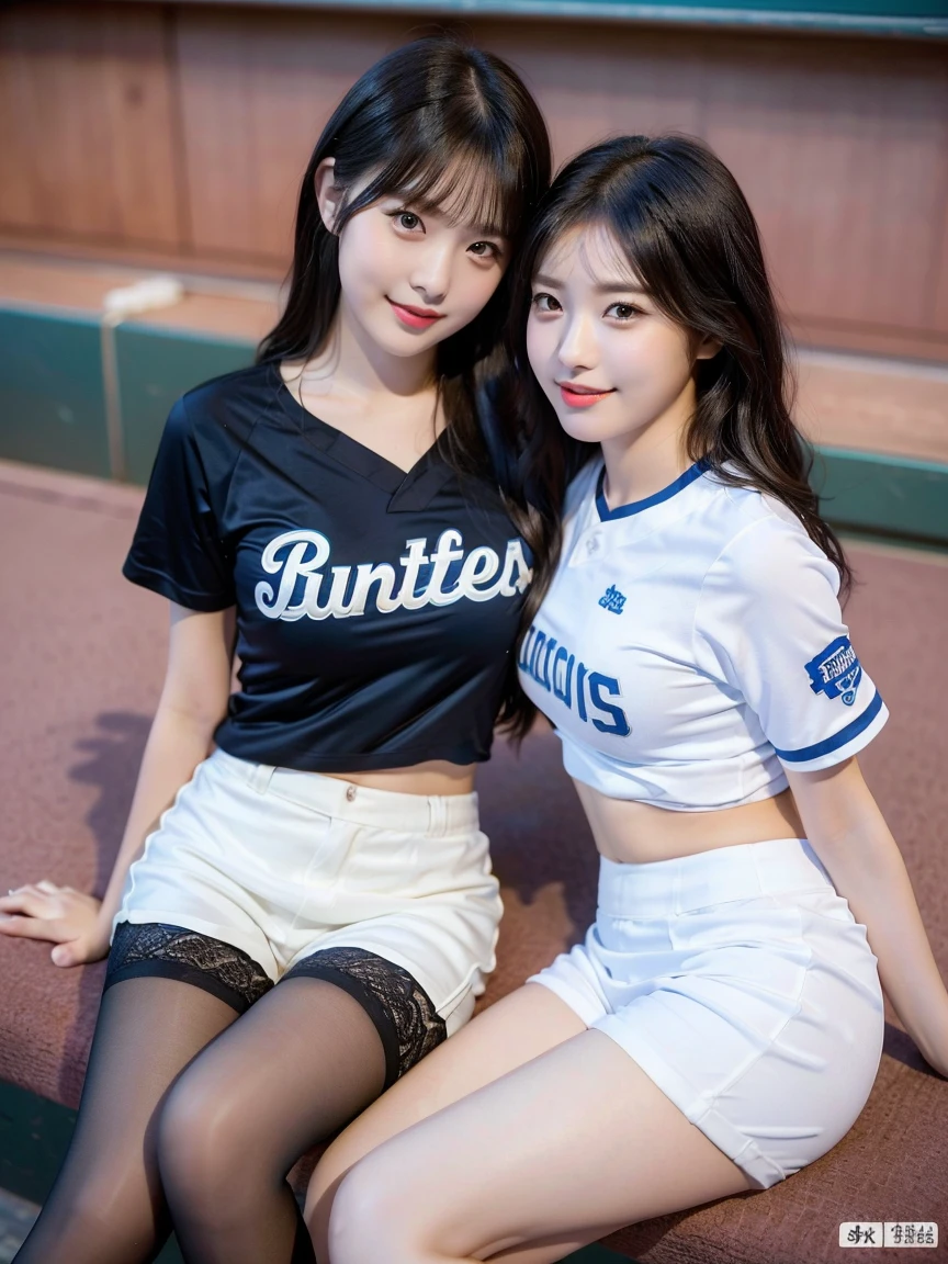 8K), (highest quality: 1.2), (Realistic), (Realistic: 1.37), Ultra-high resolution, (2 girls),(Straight, silky black hair), Giant Dulcefo,(White very small hot pants:1.2),In the seats at the baseball stadium,smile, whole body,Long legs,Beautiful feet,(Super small ass),gravure,Belly button,(Blue baseball team shirt),(whole bodyが雨に濡れて:1.2),stockings,Cute like a super idol,Close up on face from above,