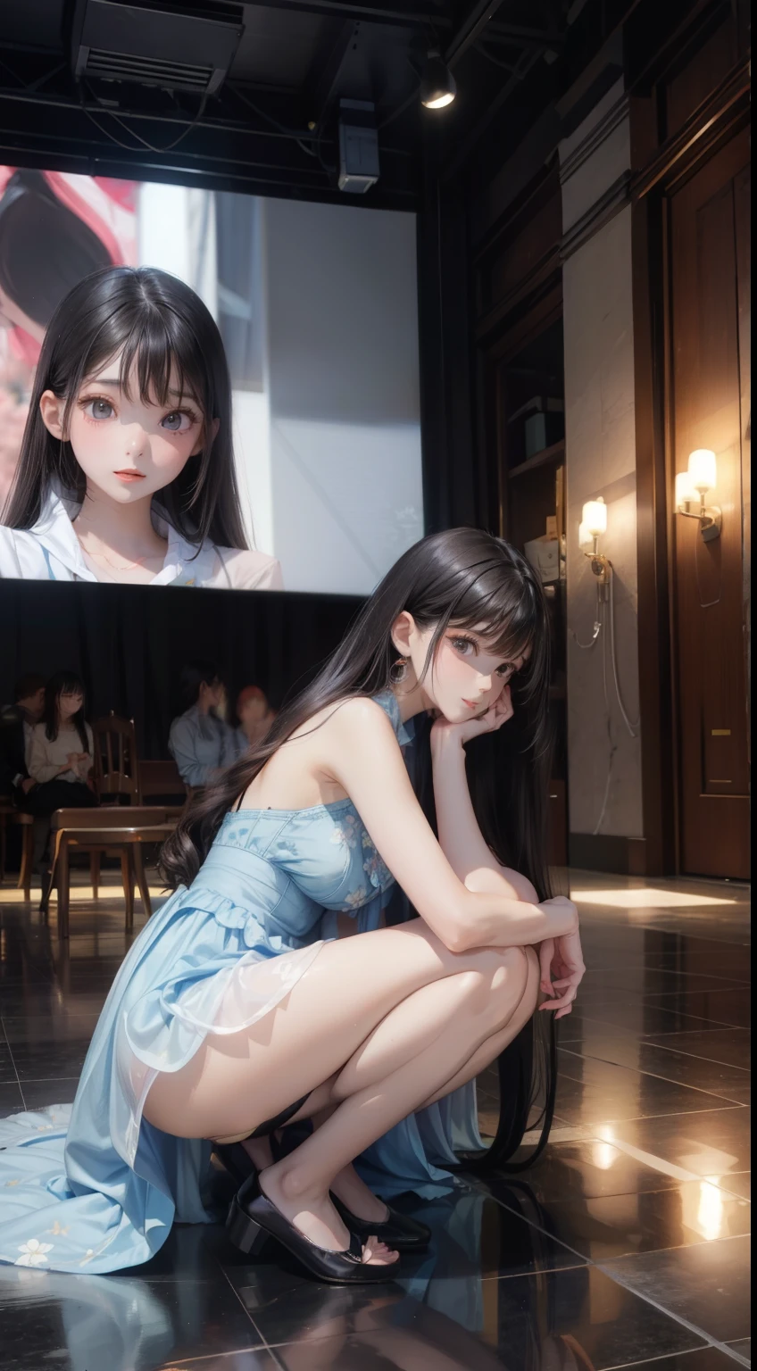 A woman wearing a light blue knee-length floral summer dress, elegant, Flat Heel Shoes, , Adult face, Slightly wavy hair, ((Black Hair)) Shine, bright black eyes, Big Breasts、Slim figure、 Big long legs, Soft pink lips, Black Hair、Long Hair, Second dimension beautiful girl、sexy look、smile、perfect ratio、the cutest in the world、Facing forward、The audience is watching