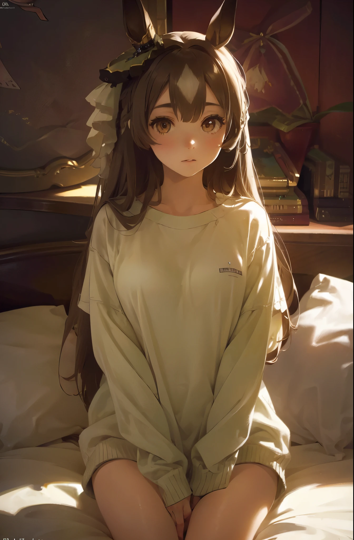 satono diamond,umamusume、The whole body is visible,A  girl wearing only a white pajama top and no panties,The areola is visible,((Small breasts)),Sitting on the bed,(highest quality、4k、8k、High Resolution、masterpiece:1.2)、Super detailed、(Photorealistic:1.37)、Portrait、Sharp Focus、feminine、delicate、White skin、Subtle curves、Gentle expression、Soft lighting、Bright colors、Artistic atmosphere,