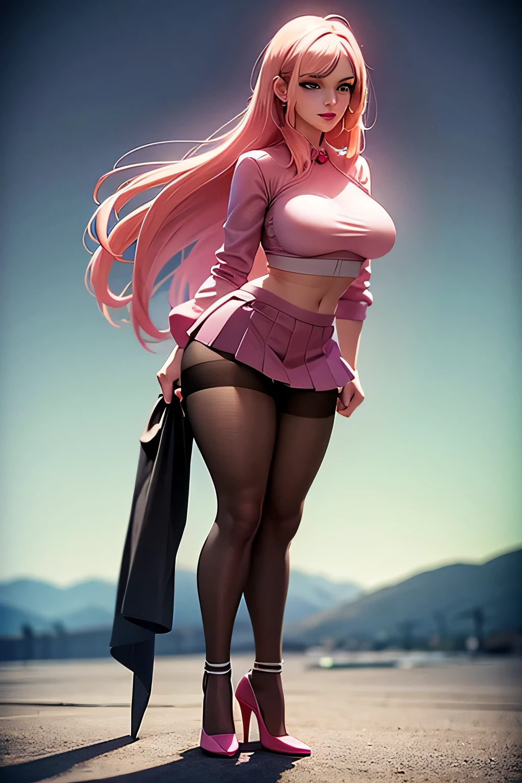 Gwen Tennyson, gwen Tennyson,green eyes, wearing earnings pink diamond, pink leather bra, pink skirt, brown orang long hair, best detailing , thighs highs, standing beside grill, wearing high heels,pink heels, big breast, youthful, pink lips, full body figure, full photo, head to toes pic, night background