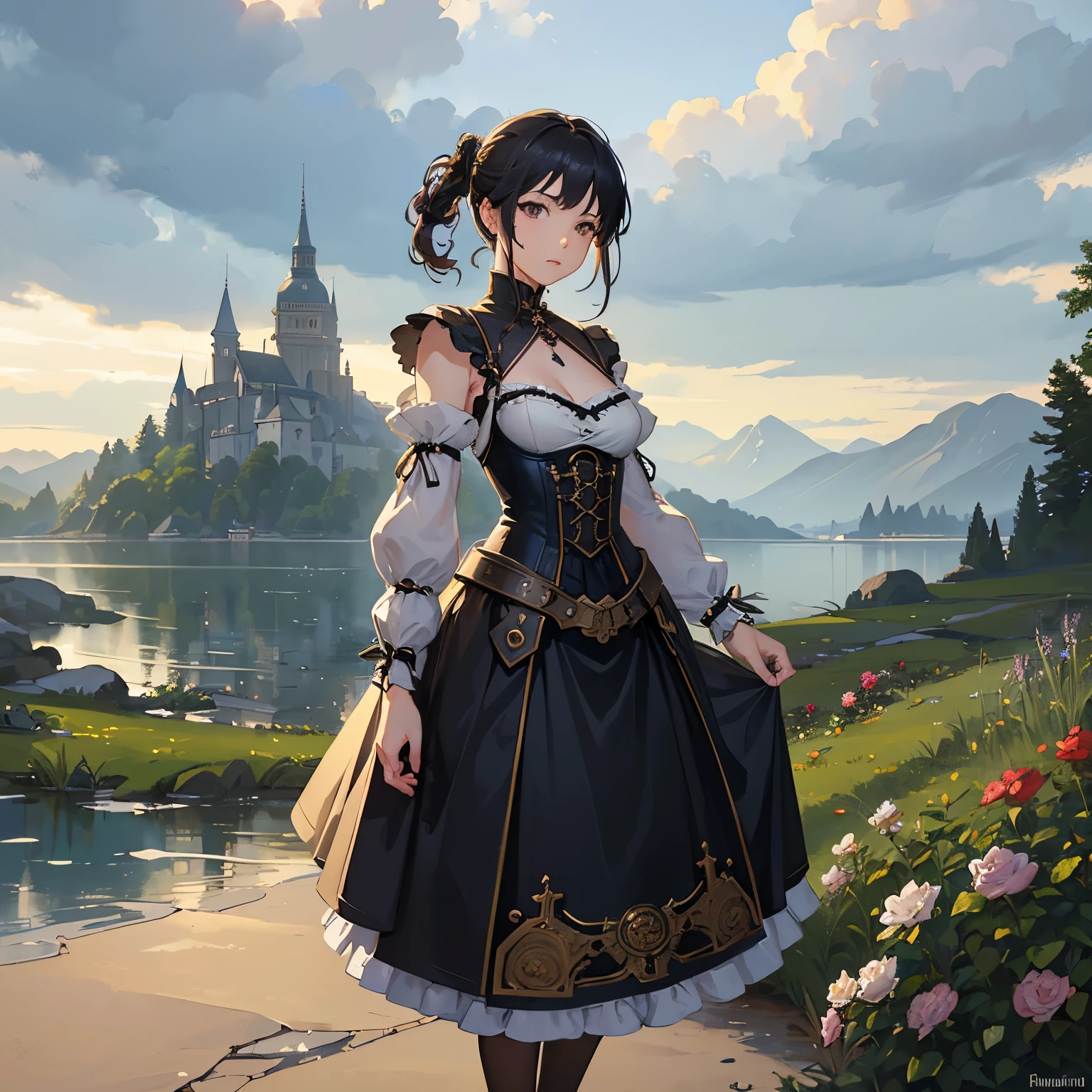 (highest quality、High resolution、masterpiece)、(Anime Art 4k)、(Photorealistic)、Portraiture、 (whole body)、(1 person)、20-year-old woman、( A woman in armor standing on top of a hill)、Beautiful Face、 (Facial detailing)、Black Hair、 short hair、 Beautiful Hair、Shiny Hair、(Put your hair up、Combing hair)、Skin Texture、Slim figure、Small breasts、lace up bodice dress、(steampunk)、Cinema Lighting、Ray Tracing、Soft Light、Landscape painted on a foggy morning、outside of home、Nice views、Lake and mountains in the distance background々、(Sargent-style watercolor)、(Edmund Leighton Style)、