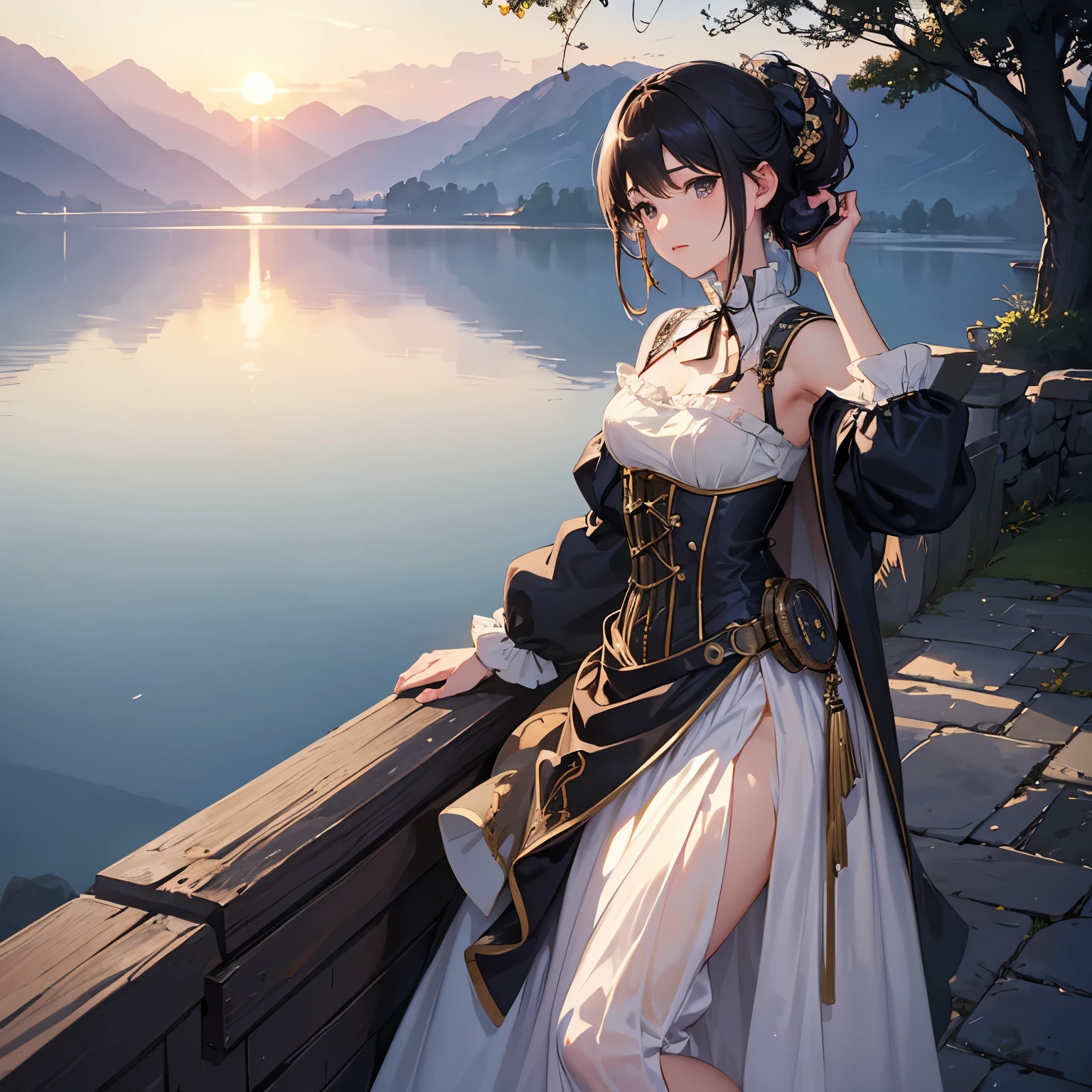 (highest quality、High resolution、masterpiece)、(Anime Art 4k)、(Photorealistic)、Portraiture、 (whole body)、(1 person)、20-year-old woman、( A woman in armor standing on top of a hill)、Beautiful Face、 (Facial detailing)、Black Hair、 short hair、 Beautiful Hair、Shiny Hair、(Put your hair up、Combing hair)、Skin Texture、Slim figure、Small breasts、lace up bodice dress、(steampunk)、Cinema Lighting、Ray Tracing、Soft Light、Landscape painted on a foggy morning、outside of home、Nice views、Lake and mountains in the distance background々、(Sargent-style watercolor)、(Edmund Leighton Style)、