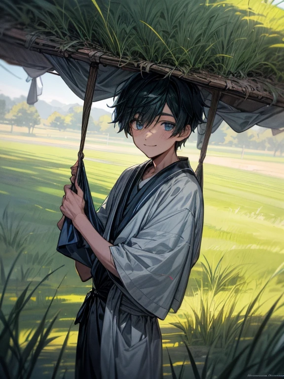 anime landscape, 4k hd, beautiful art uhd 4 k, 1 boy hanging laundry on clothing line, grassy field, smile, detailed face, detailed eyes