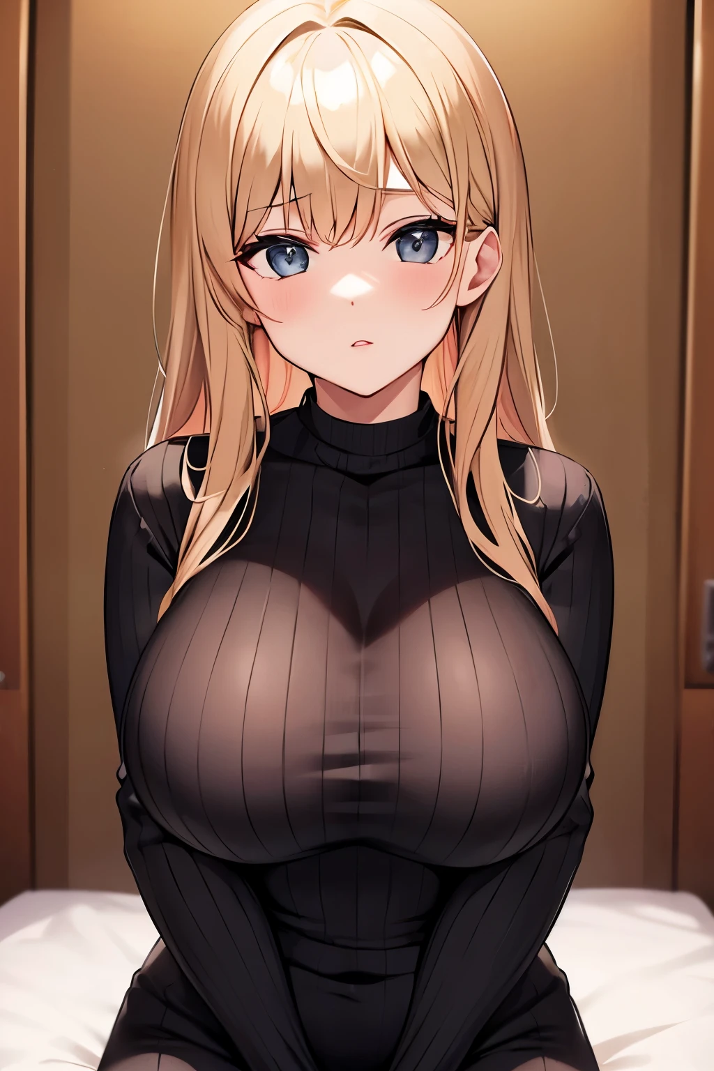 Beautiful girl, solid square neck rib knit bodysuit, big breasts,