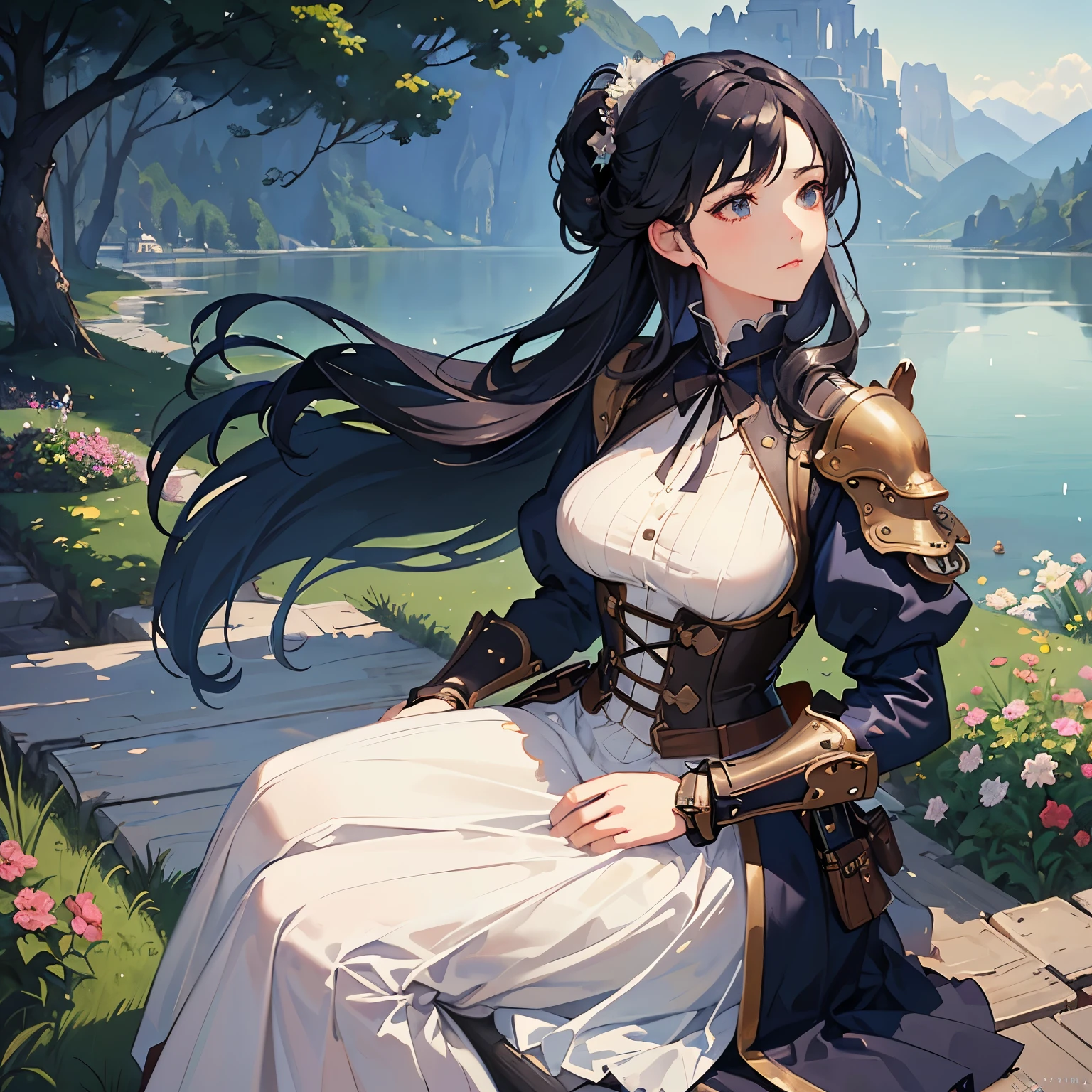 (highest quality、High resolution、masterpiece)、(Anime Art 4k)、(Photorealistic)、Portraiture、 (whole body)、(1 person)、20-year-old woman、( A woman in armor standing on top of a hill)、Beautiful Face、 (Facial detailing)、Black Hair、 short hair、 Beautiful Hair、Shiny Hair、(Put your hair up、Combing hair)、Skin Texture、Slim figure、Small breasts、lace up bodice dress、(steampunk)、Cinema Lighting、Ray Tracing、Soft Light、Landscape painted on a foggy morning、outside of home、Nice views、Lake and mountains in the distance background々、(Sargent-style watercolor)、(Edmund Leighton Style)、