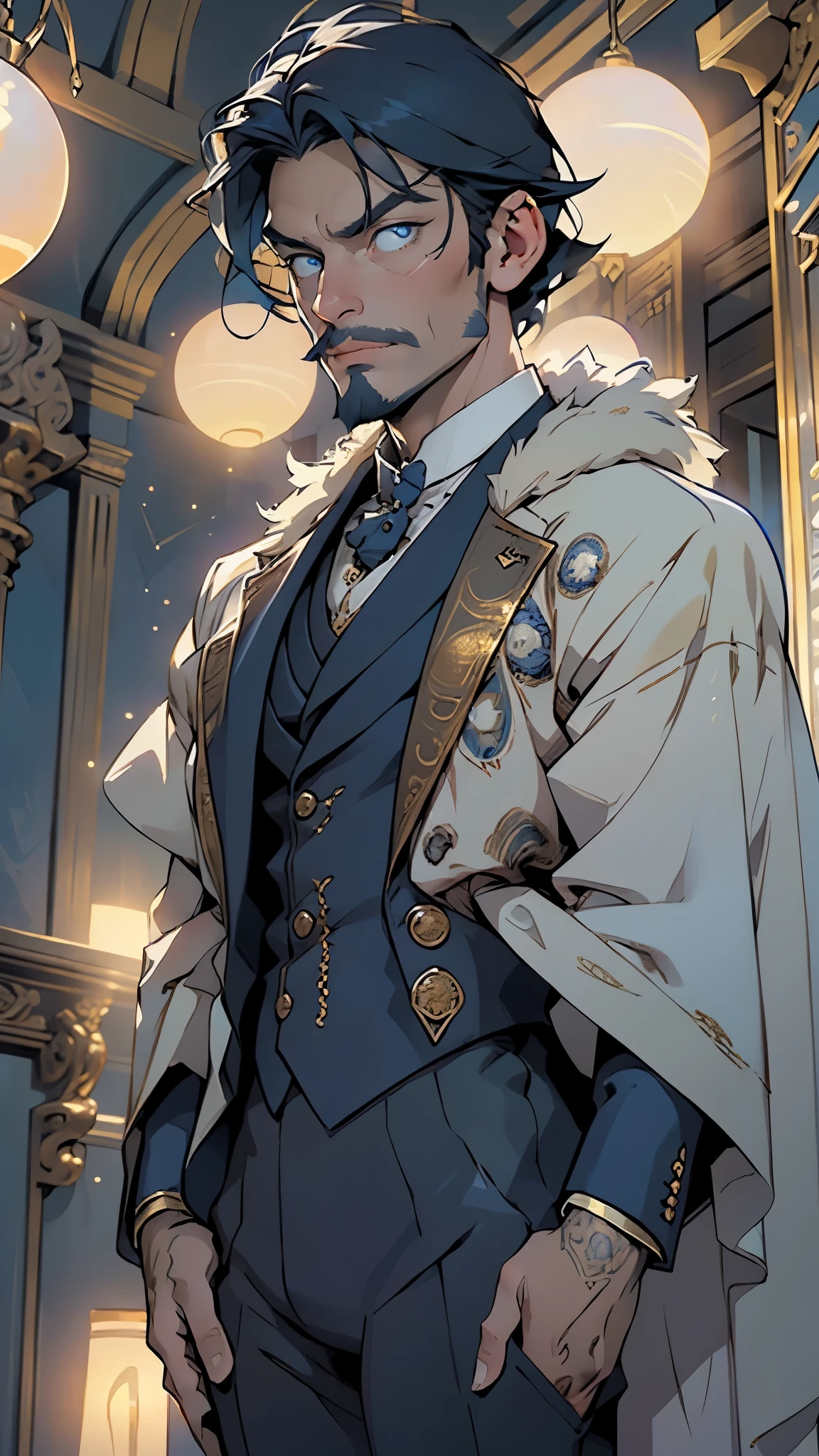 (((Bluebeard))),(the famous character from Charles Perrault's fairy tale),(pectoral,man chest), (40 year old man),mature,((1male,1 male,1man,man,male gender:1.5,male focus)),(((elegant dark blue hair and thick dark blue beard))),(((blue_eyes:1.3))),intricate eyes,beautiful detailed eyes,symmetrical eyes,((detailed face)), (Able to conquer women with his wealth and attention),attractive man, although with an aura of mystery and danger,powerful and fearsome man who hides a dark side,(solo),
tall, corpulent, fierce and penetrating gaze, violent and angry temperament,evil eyes,
(((fine and expensive clothing, dark blue suit, blue velvet suit with gold embroidery))),((exotic animal cape, red cape lined with ermine fur)),((bulge in pants)),((intricate outfit,intricate clothes, Victorian era style clothes)),
(dynamic pose:1.0),mocking,(centered,scale to fit dimensions,Rule of thirds),
((((surrounded by tiny orbs of bright blue light that float and spin around him)))),
indoor,((Victorian style dark palace at night)),scenery:1.25,intricate scenery,extremely scenery,((Victorian style dark palace in the background)),
(Glossy Victorian era ornaments),highres,sharp focus,(ultra detailed,extremely detailed),(photorealistic artwork:1.37),(extremely detailed CG unity 8k wallpaper),(((vibrant colors,vibrant theme))),(intricate),(masterpiece),(best quality),artistic photography,(photography taken by sldr),(intricate background),perfect rendered face,perfect face details,realistic face,photo realistic,((intricate detail)),(((realism))),