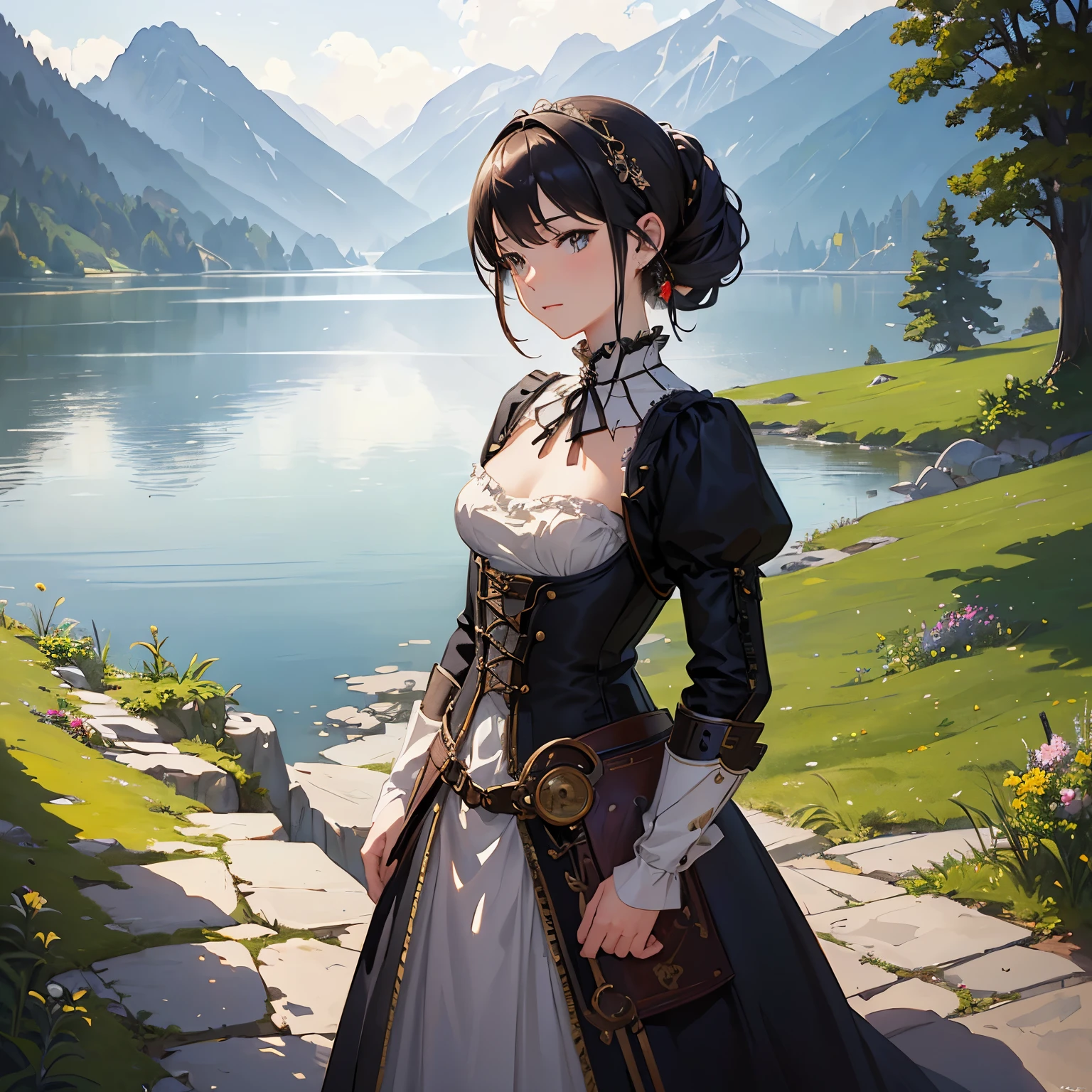 (highest quality、High resolution、masterpiece)、(Anime Art 4k)、(Photorealistic)、Portraiture、 (whole body)、(1 person)、20-year-old woman、( A woman in armor standing on top of a hill)、Beautiful Face、 (Facial detailing)、Black Hair、 short hair、 Beautiful Hair、Shiny Hair、(Put your hair up、Combing hair)、Skin Texture、Slim figure、Small breasts、lace up bodice dress、(steampunk)、Cinema Lighting、Ray Tracing、Soft Light、Landscape painted on a foggy morning、outside of home、Nice views、Lake and mountains in the distance background々、(Sargent-style watercolor)、(Edmund Leighton Style)、