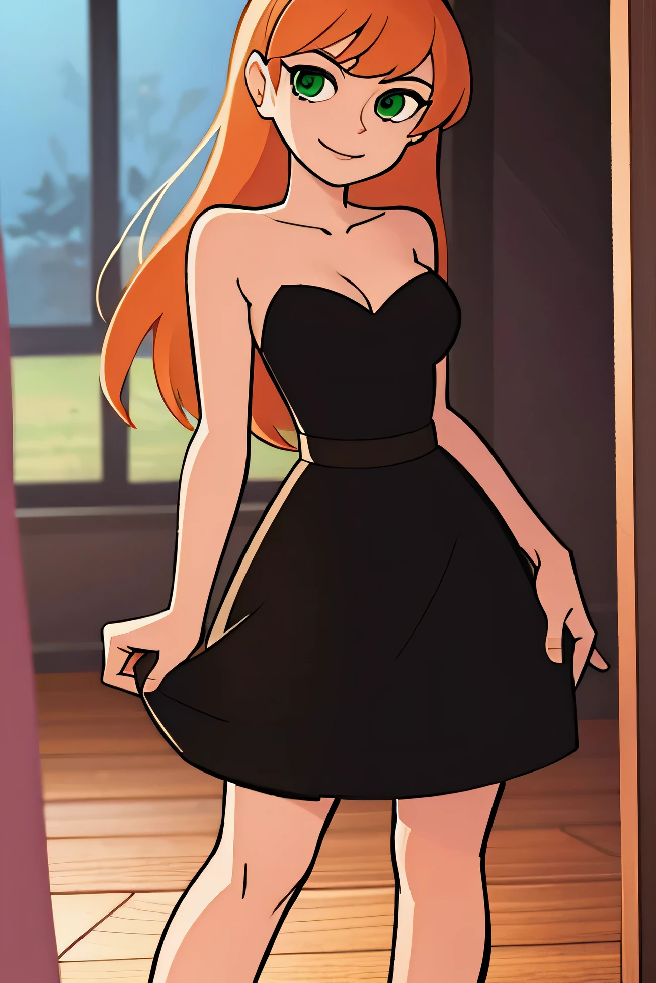 kim possible style, masterpiece, best quality, solo, 1 girl, green eyes, long hair, orange hair, collarbone, upper body, short black sweetheart dress, bare shoulders, parody, indoors, smile