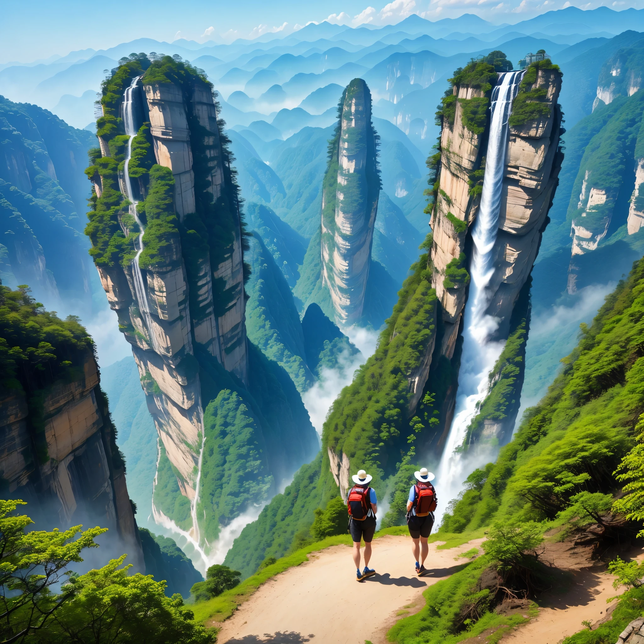 Tour guide faces guide，The backs of five visitors，Recovering the truth，Zhangjiajie natural scenery