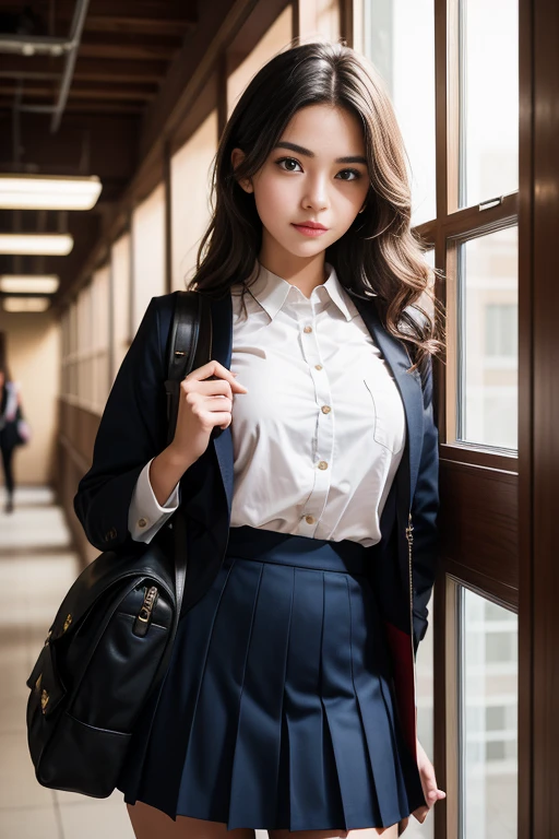 8k, of the highest quality, the real image, intricate details, Very detailed, ultra high resolution, depth field,(realist,realist:1.2),mesa , front shot , From the center , 1 girl, Dainty Wilder, very beautiful 17 year old girl, Innocent big ojo,、beautiful breasts:1.5、Very detailedなojo:1.2)、(beautiful breasts:1.1)、wavy fur、Curly hair、hits、, Perfect skin, White skin, neckline, tight waist, slightly reddish, alone、 (Looking at the audience)、a slight smile、((school_uniform),(dark blue blazer), (White shirt、Wear a tie), (gray pleated skirt), (sculpture installation :1.1))、High school Hallway