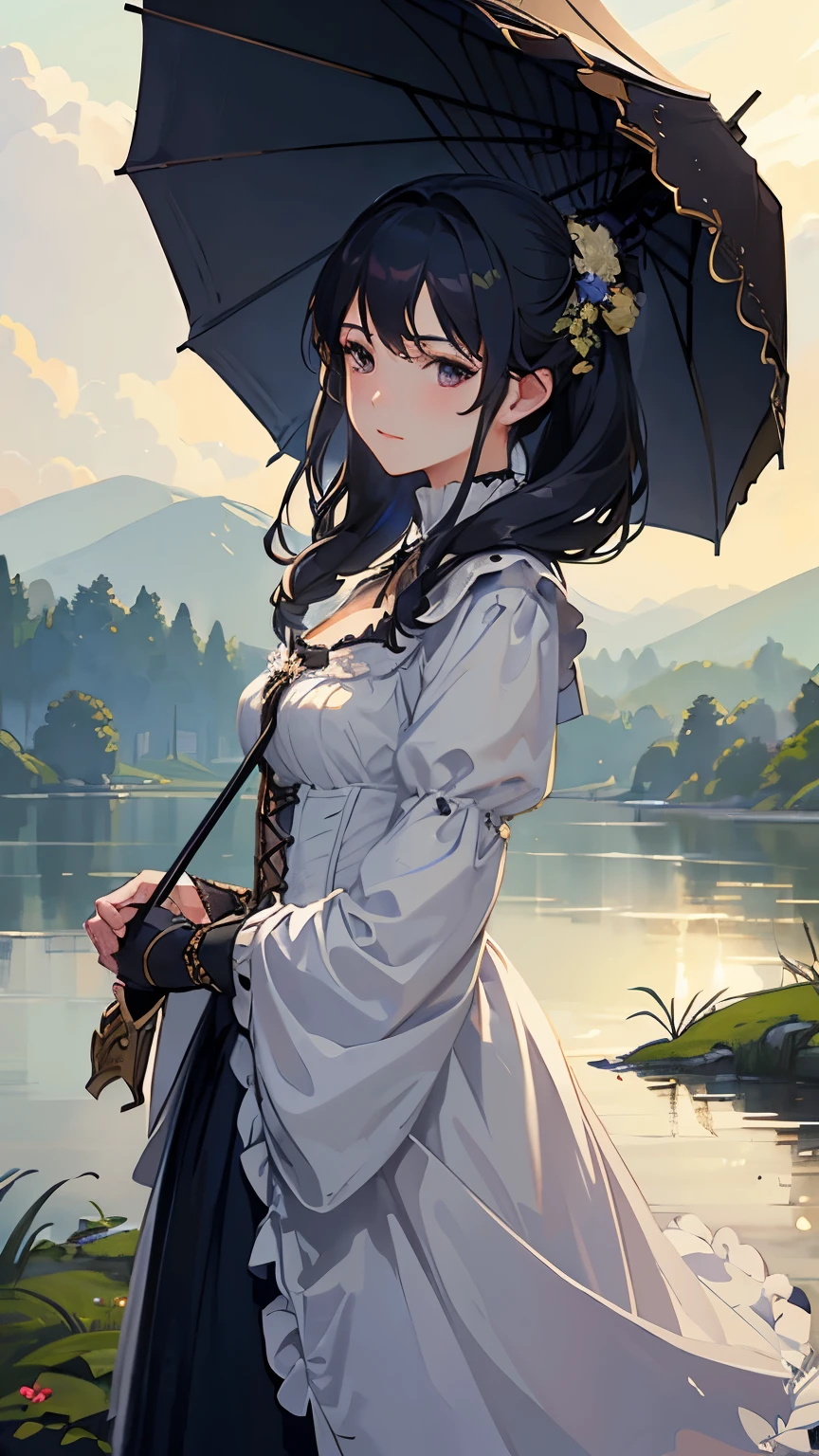 (highest quality、High resolution、masterpiece)、(Anime Art 4k)、(Photorealistic)、Portraiture、 (whole body)、(1 person)、20-year-old woman、( A woman in armor standing on top of a hill)、Beautiful Face、 (Facial detailing)、Black Hair、 short hair、 Beautiful Hair、Shiny Hair、(Put your hair up、Combing hair)、Skin Texture、Slim figure、Small breasts、lace up bodice dress、(steampunk)、Cinema Lighting、Ray Tracing、Soft Light、Landscape painted on a foggy morning、outside of home、Nice views、Lake and mountains in the distance background々、(Sargent-style watercolor)、(Edmund Leighton Style)、