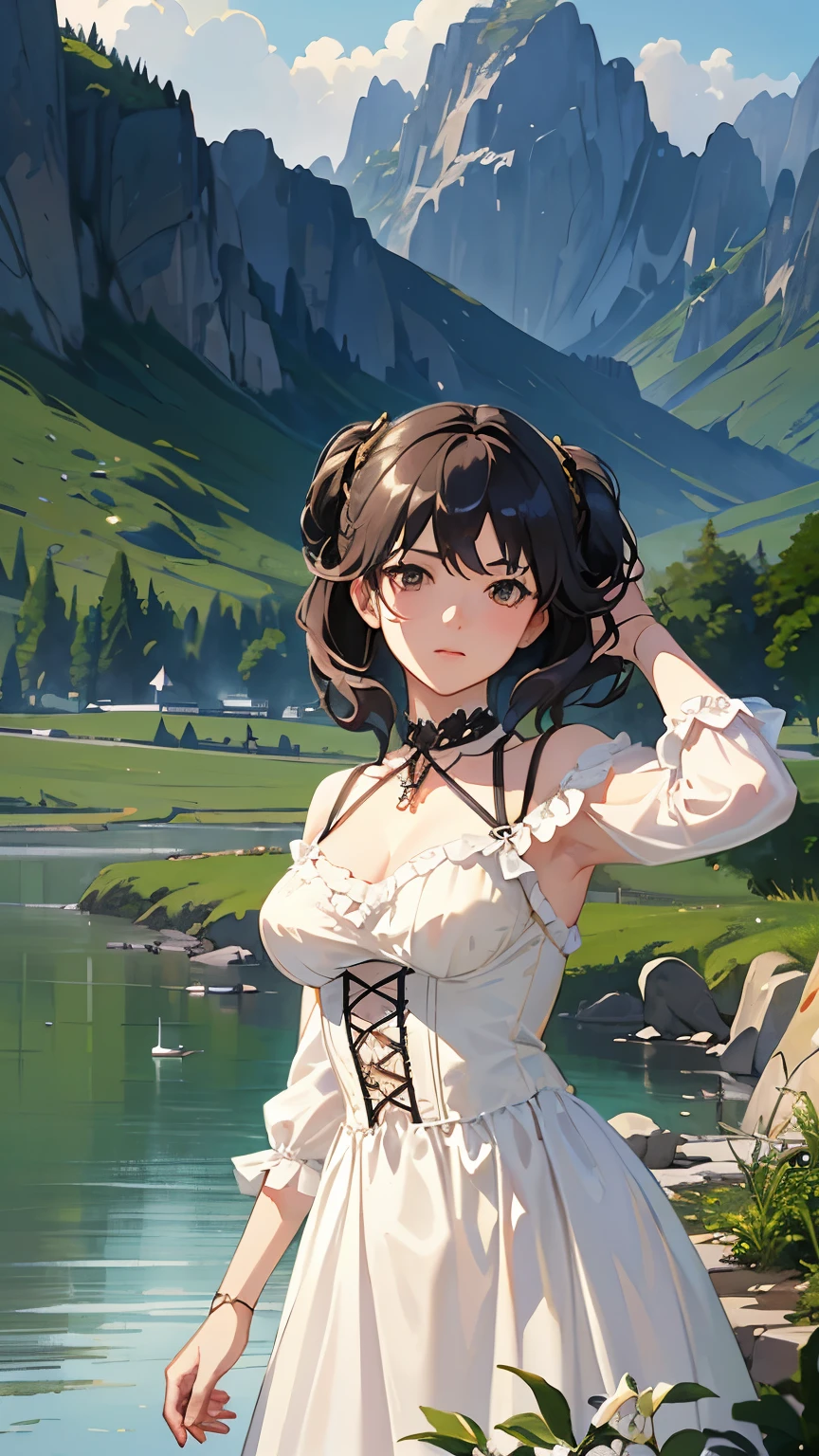 (highest quality、High resolution、masterpiece)、(Anime Art 4k)、(Photorealistic)、Portraiture、 (whole body)、(1 person)、20-year-old woman、( A woman in armor standing on top of a hill)、Beautiful Face、 (Facial detailing)、Black Hair、 short hair、 Beautiful Hair、Shiny Hair、(Put your hair up、Combing hair)、Skin Texture、Slim figure、Small breasts、lace up bodice dress、(steampunk)、Cinema Lighting、Ray Tracing、Soft Light、Landscape painted on a foggy morning、outside of home、Nice views、Lake and mountains in the distance background々、(Sargent-style watercolor)、(Edmund Leighton Style)、