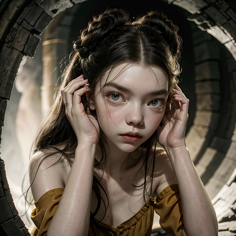 Anya taylor con orejas de elfo de rodillas amarrada con una cuerda de manos y pies.