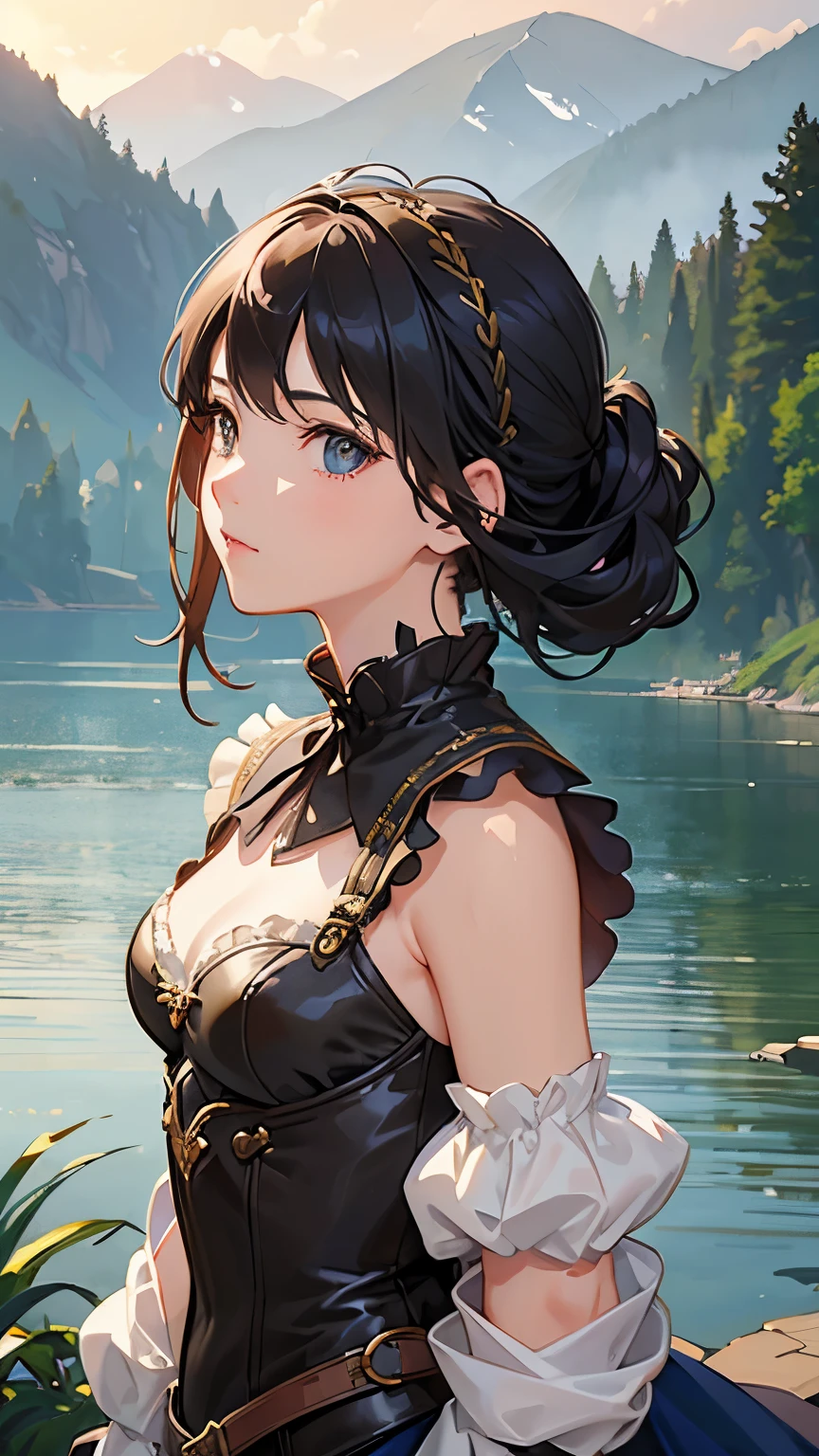 (highest quality、High resolution、masterpiece)、(Anime Art 4k)、(Photorealistic)、Portraiture、 (whole body)、(1 person)、20-year-old woman、( A woman in armor standing on top of a hill)、Beautiful Face、 (Facial detailing)、Black Hair、 short hair、 Beautiful Hair、Shiny Hair、(Put your hair up、Combing hair)、Skin Texture、Slim figure、Small breasts、lace up bodice dress、(steampunk)、Cinema Lighting、Ray Tracing、Soft Light、Landscape painted on a foggy morning、outside of home、Nice views、Lake and mountains in the distance background々、(Sargent-style watercolor)、(Edmund Leighton Style)、