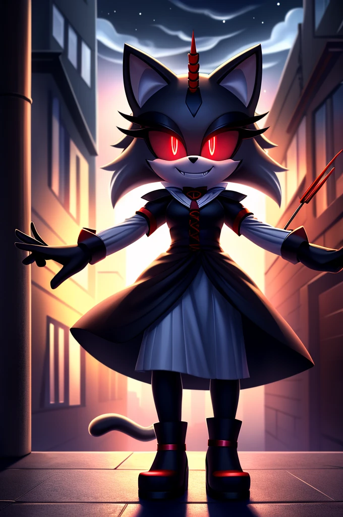 (((masterpiece))), High quality, studio quality, dark colors, 4k, solo character, mobian, wispy grey and black fur, female cat demon, hair sticks up in 3 upright bundles, evil smile, triumphant pose, black void-like eyes with glowing red pupils, surrounded by fuzzy black lines and swirling grey clouds, in the back of a dark city alleyway, nighttime, digital art